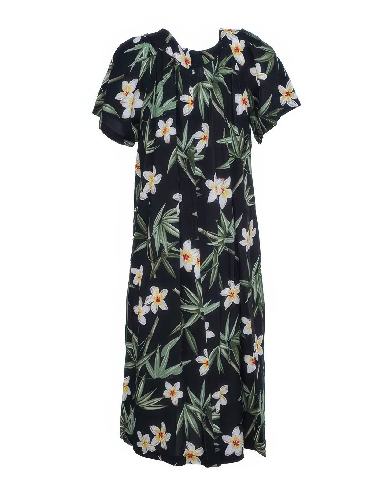 Two Palms - Bamboo Black Rayon Hawaiian Midi Muumuu Dress 3XL Two Palms - Bamboo Black Rayon Hawaiian Midi Muumuu Dress 3XL