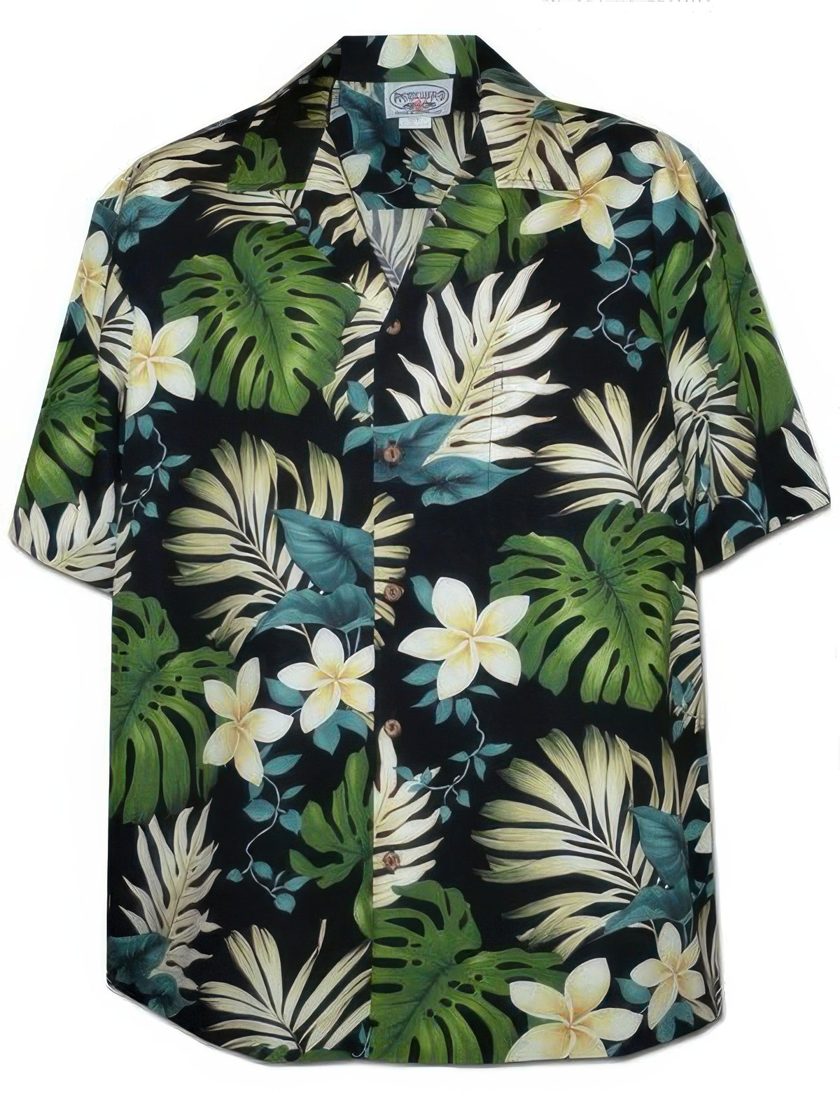 Pacific Legend - Plumeria & Monstera Black Cotton Men's Hawaiian Shirt