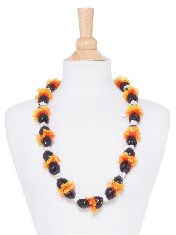 Ka Makani - Black & White Kukui Nut, Ilima & Mongo Shell Lei