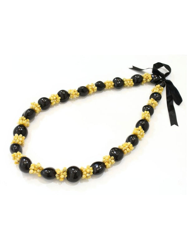 Ka Makani - Black & Yellow Black Kukui Nut & Mongo Shell Combination Lei