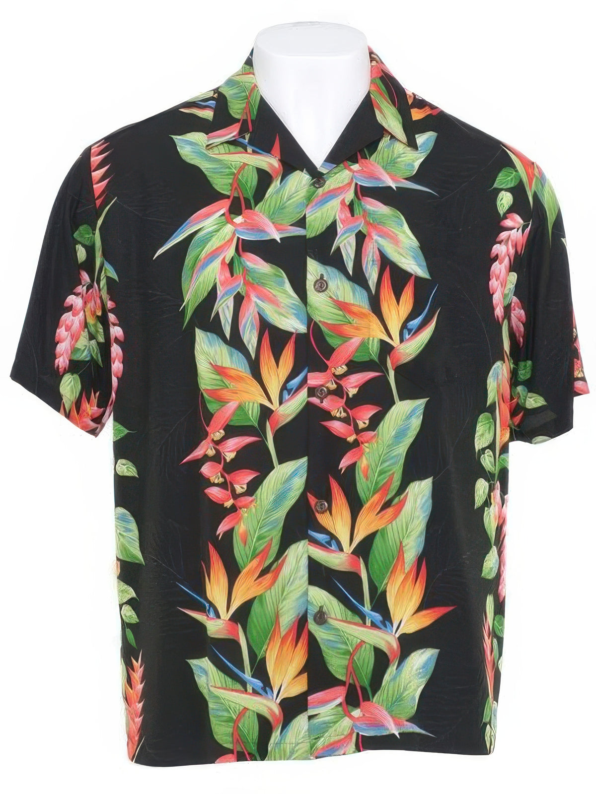 Hilo Hattie - Bird of Paradise Panel Black Rayon Men's Hawaiian Shirt