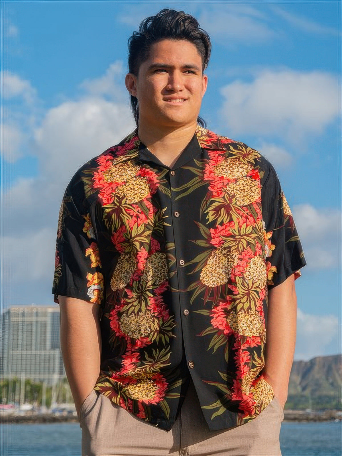 Hilo Hattie - Pineapple Panel Black Rayon Men's Hawaiian Shirt