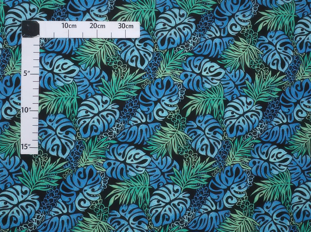 Ka Makani - Exotic Monstera Blue & Black Poly Cotton Hawaiian Fabric ZGQ-18-22