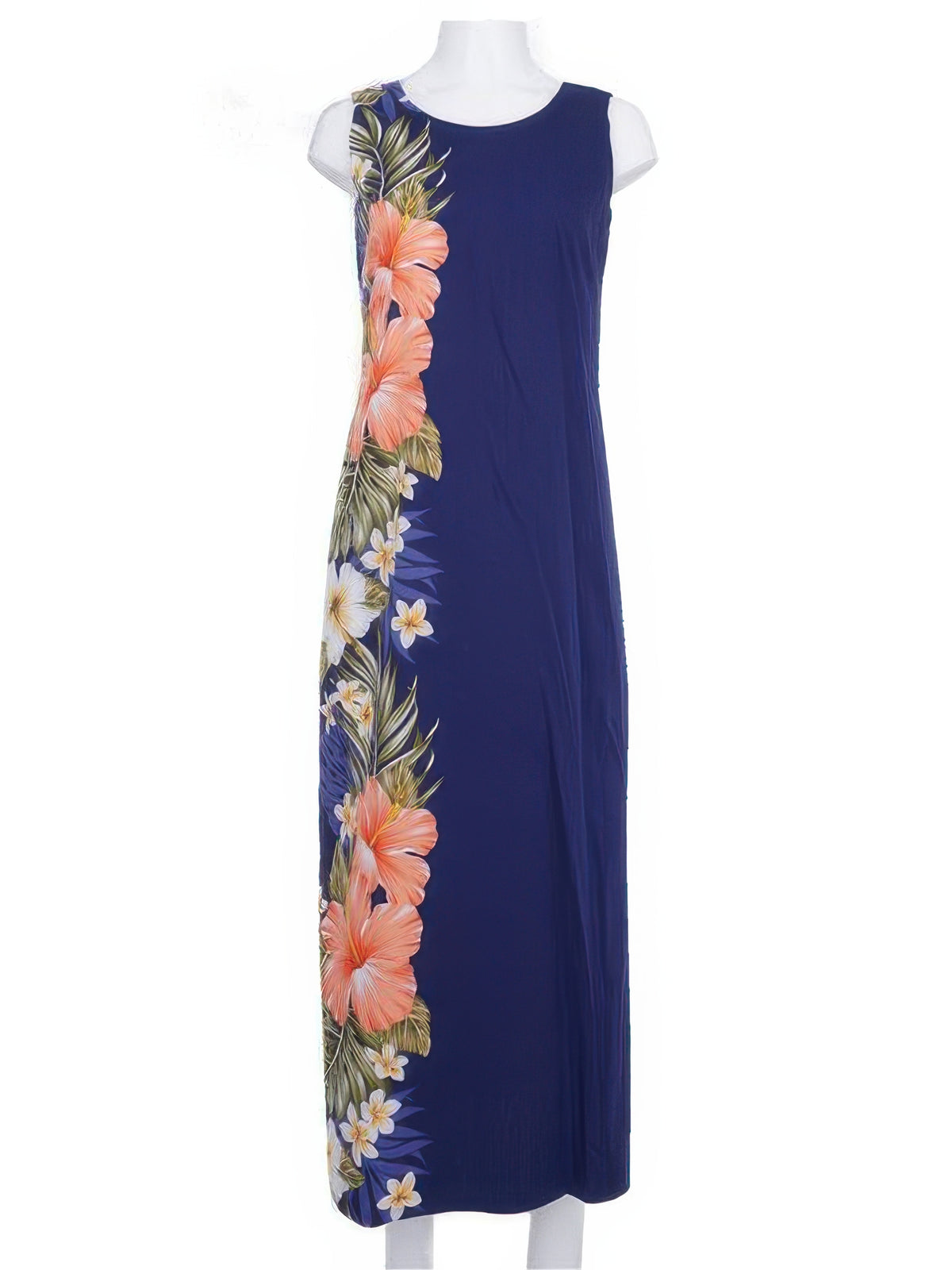 KY's - Orange Aloalo Flower Navy Cotton Poplin Hawaiian Long Tank Dress