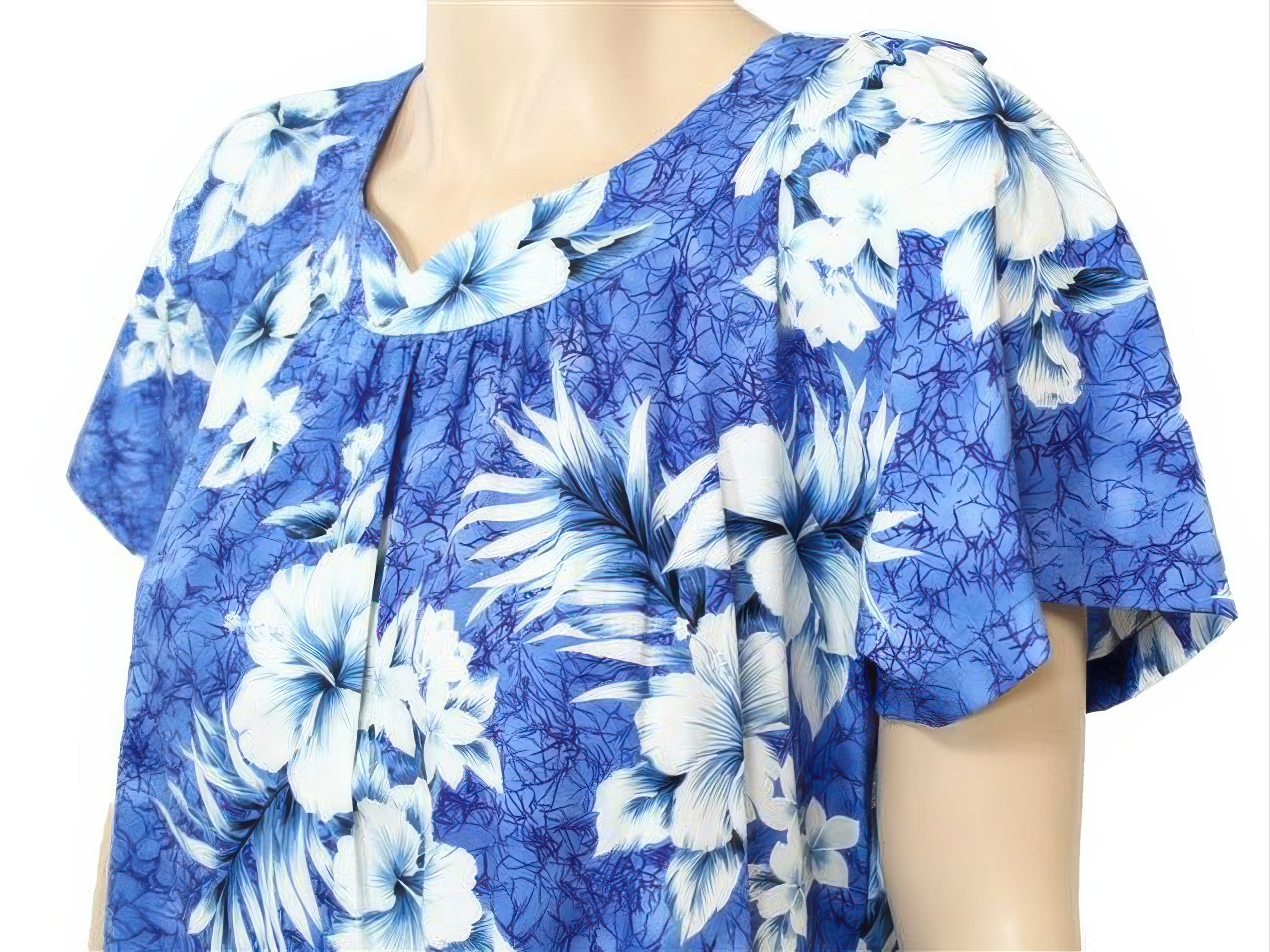 Two Palms - Crack Hibiscus Blue Cotton Hawaiian Midi Muumuu Dress