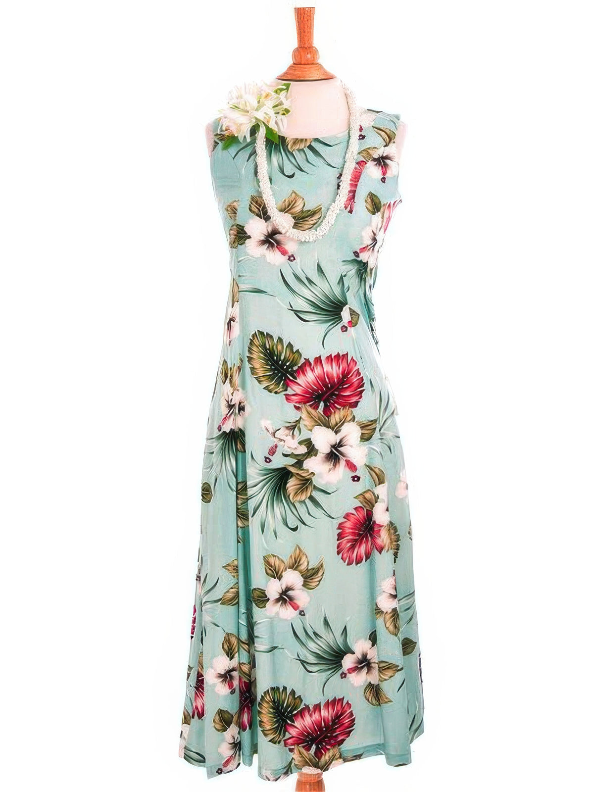 Royal Hawaiian Creations - Hibiscus & Monstera Light Blue Rayon Hawaiian Sleeveless Back Tie Long Dress