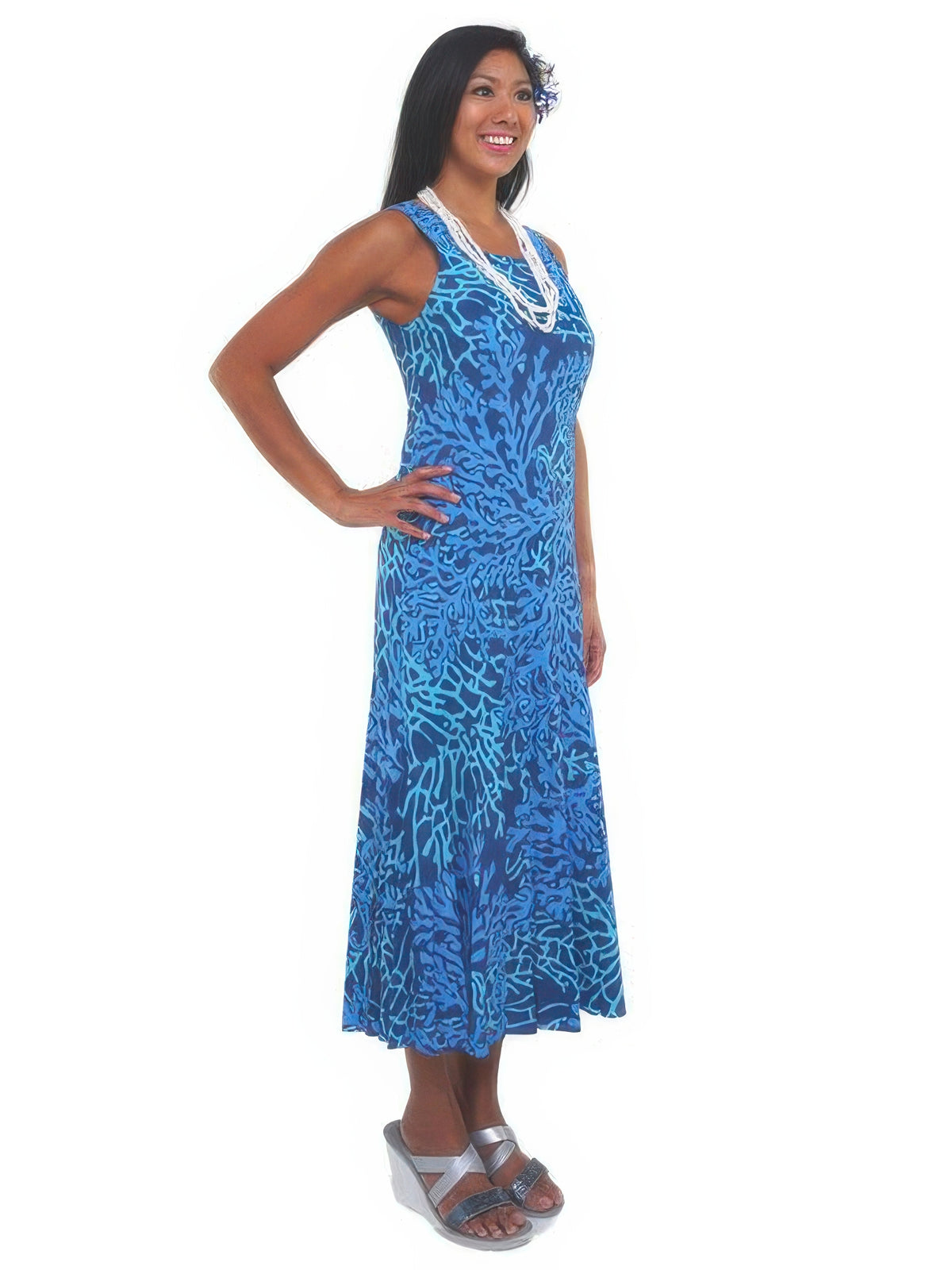 Anuenue - Coral Seahorse Navy Rayon Hawaiian Long Dress