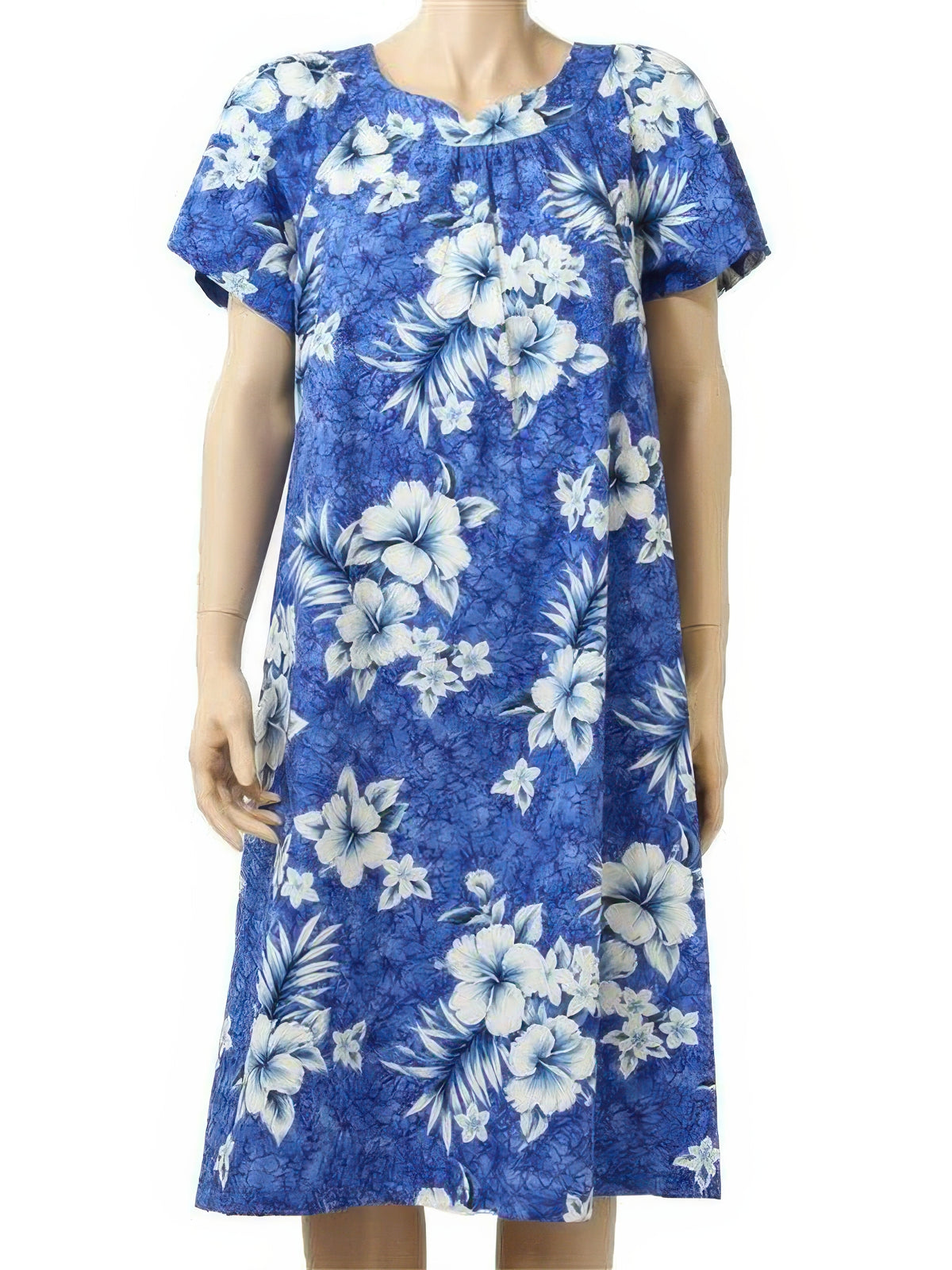 Two Palms - Crack Hibiscus Blue Cotton Hawaiian Midi Muumuu Dress