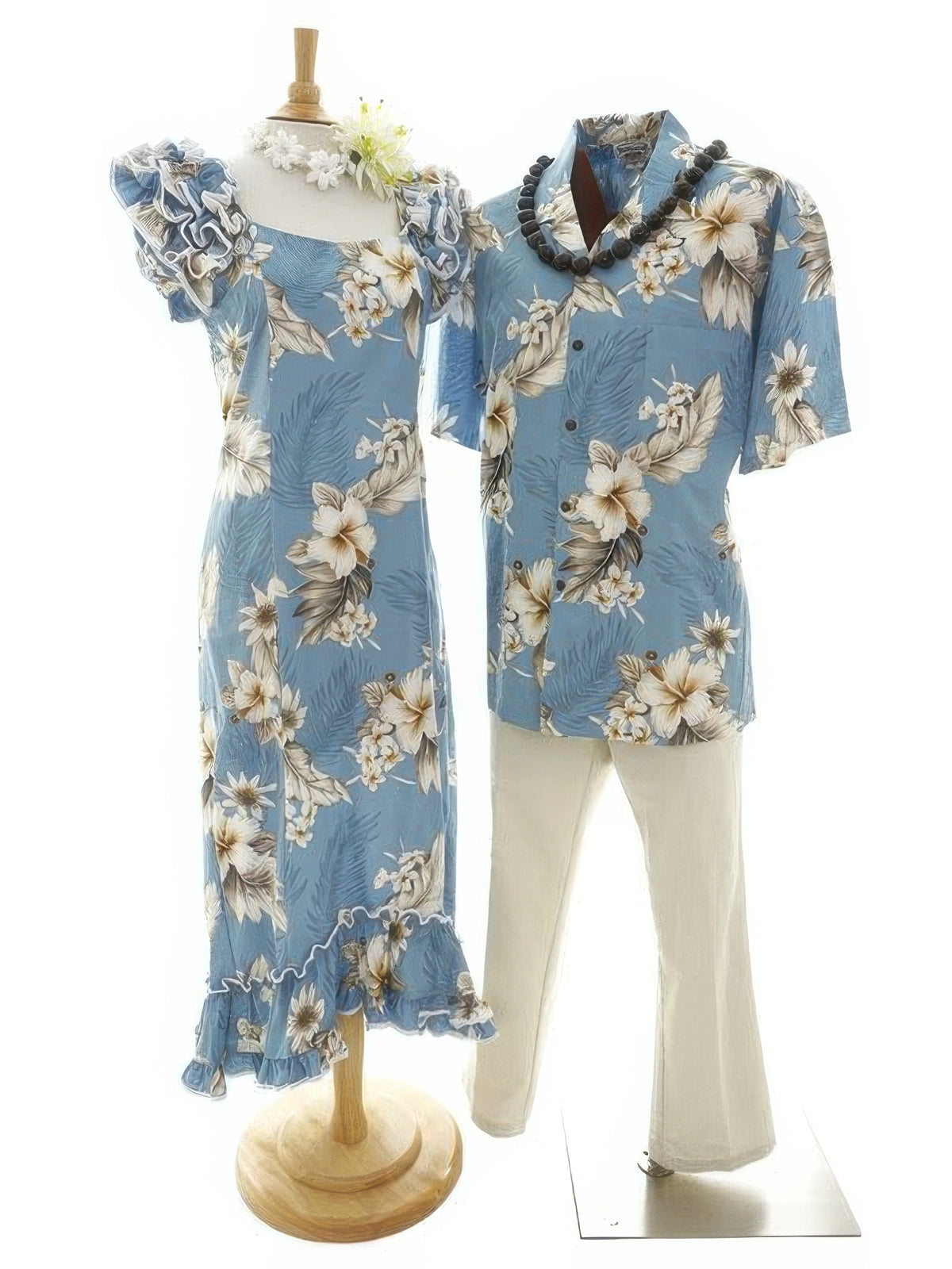 Hawaiian Muumuu Dress and Aloha Shirt Couple Matching Bundle - Hibiscus Blue