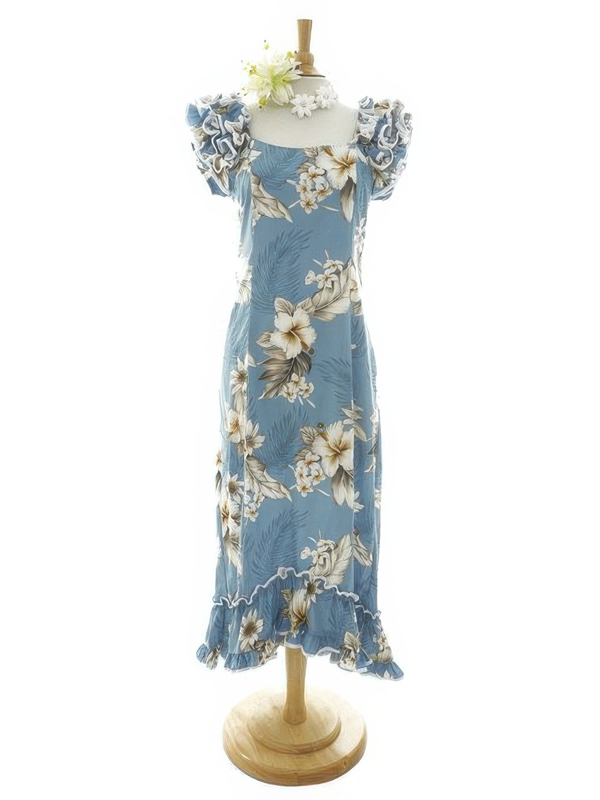 Pacific Legend - Hibiscus Blue Cotton Hawaiian Ruffle Long Muumuu Dress