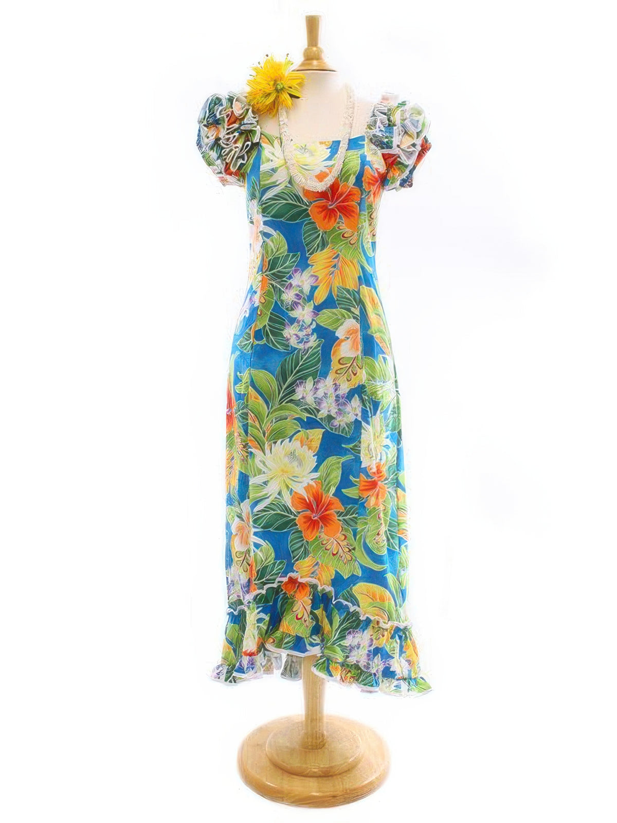 Pacific Legend - Tropical Flowers Blue Cotton Hawaiian Ruffle Long Muumuu Dress