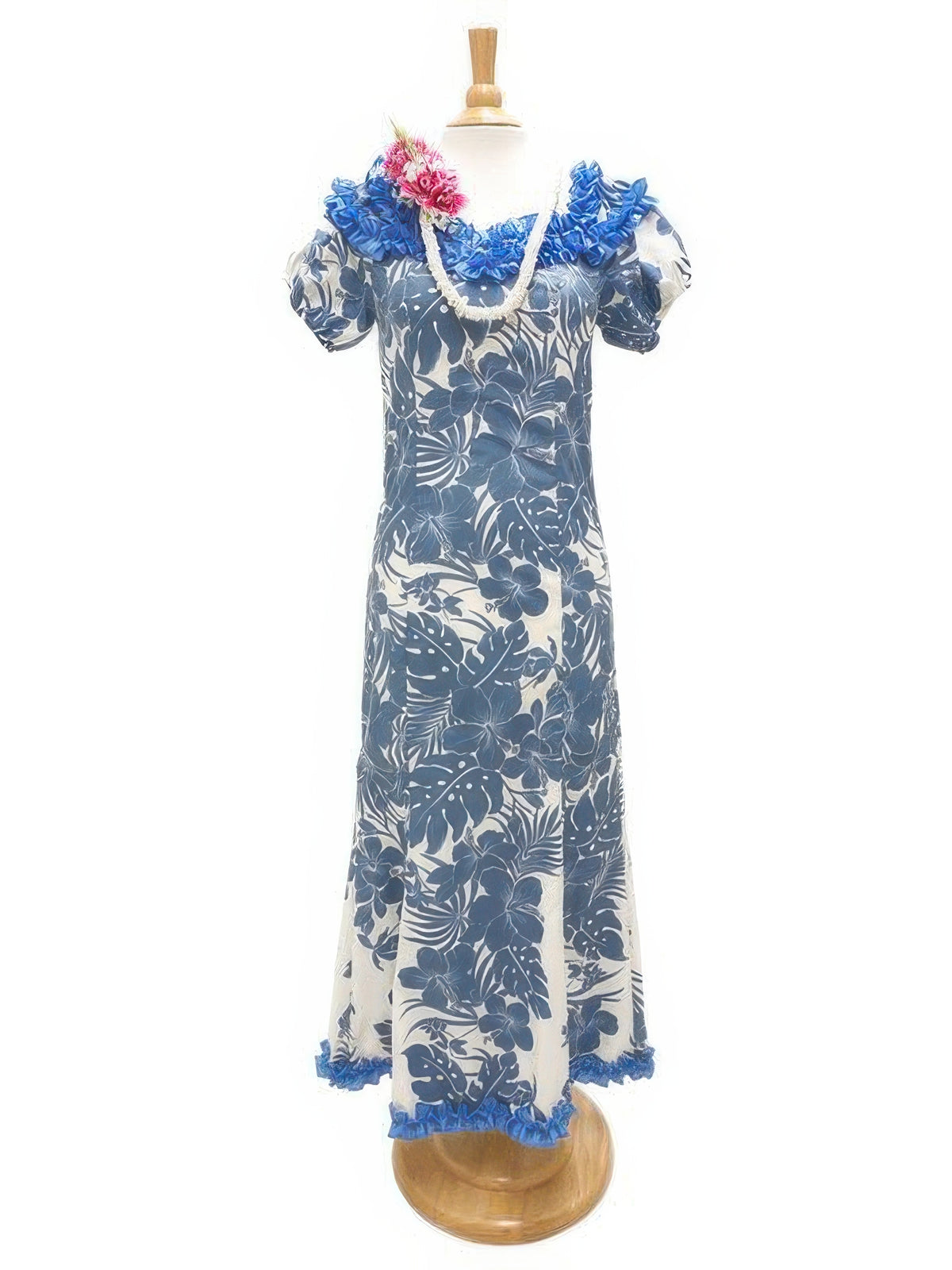 Royal Hawaiian Creations - Hibiscus Panel Blue Poly Cotton Hawaiian Jenny Ruffle Long Muumuu Dress