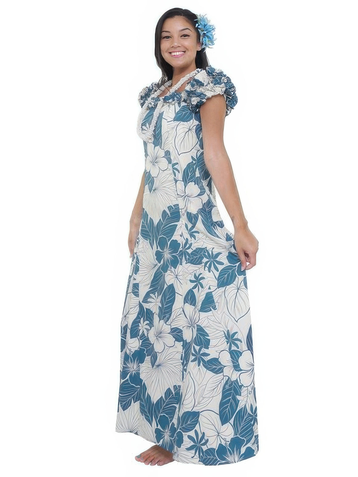 Two Palms - Lanai Blue Cotton Frill Puff Sleeve Long Dress