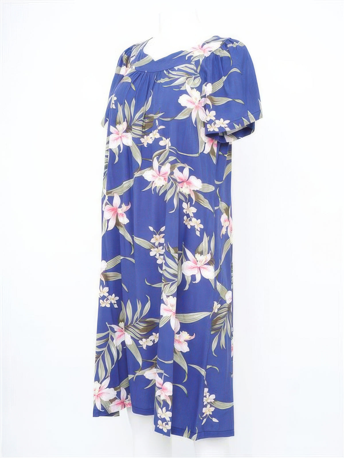 Two Palms - Pali Orchid Blue Rayon Hawaiian Midi Muumuu Dress