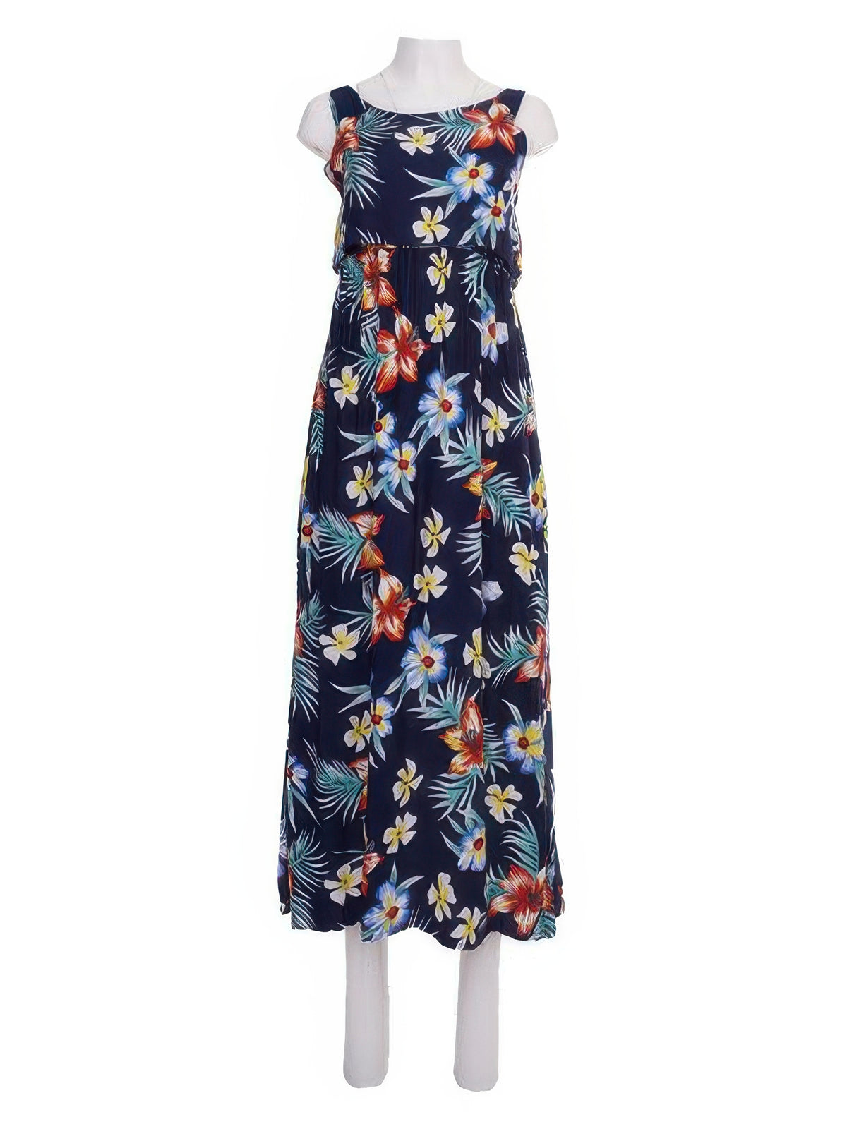 Napua Collection Honolulu - Plumeria Palm Navy Rayon Batik Ruffle MAXI Dress