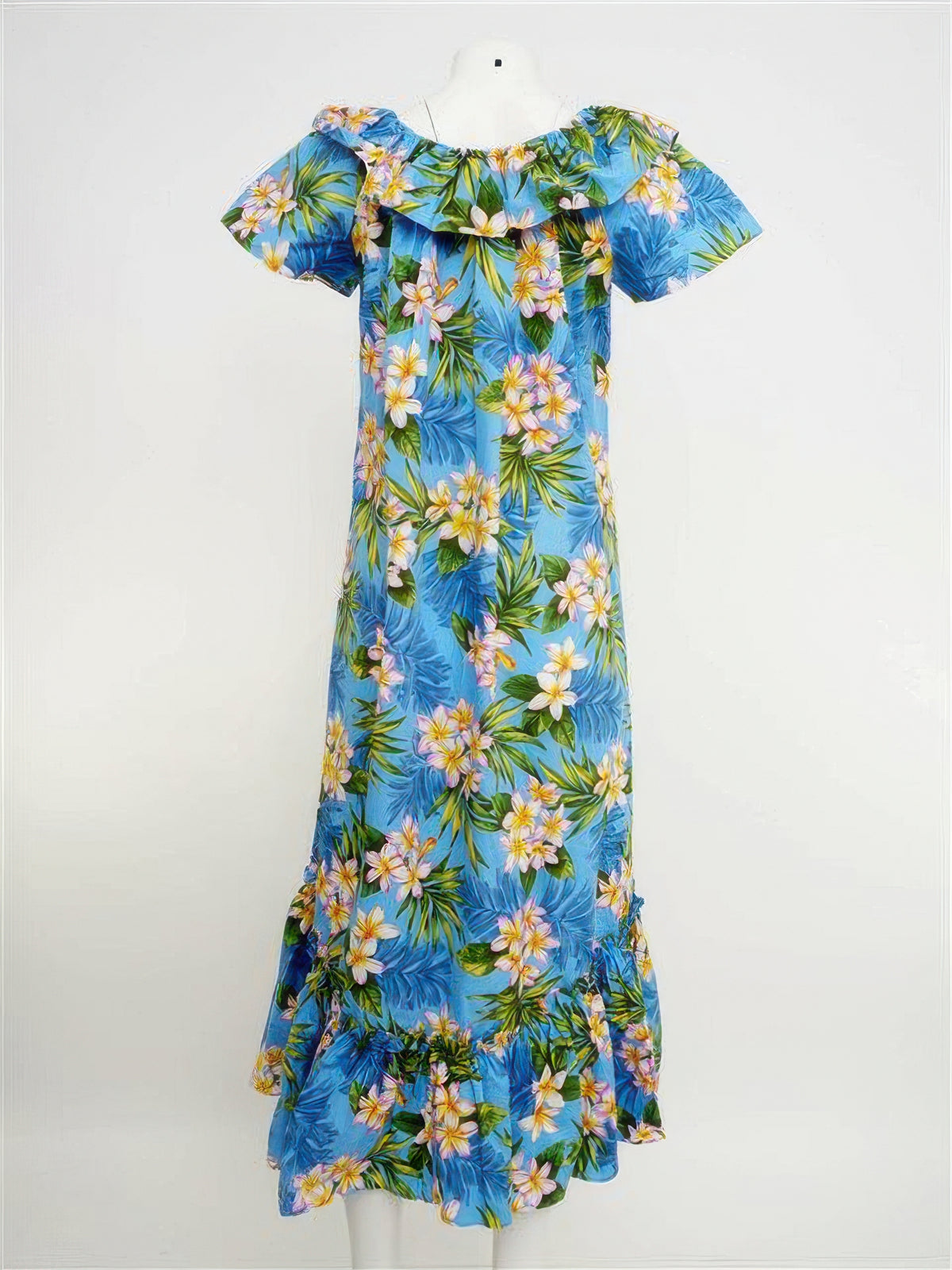 KY's - Plumeria Dream Blue Cotton Hawaiian Long Muumuu Dress
