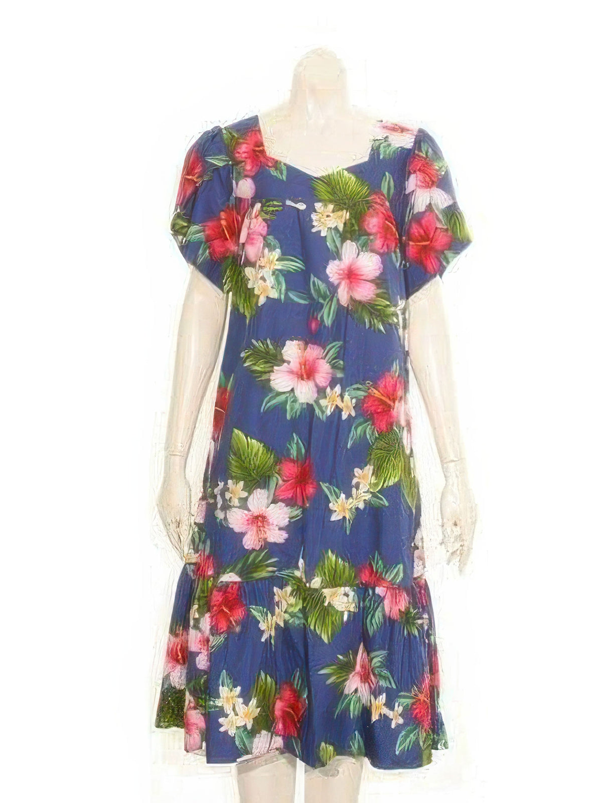 Hilo Hattie - Hibiscus Plumeria Navy Cotton Tulip Sleeve Zipper Back Short Muumuu Dress