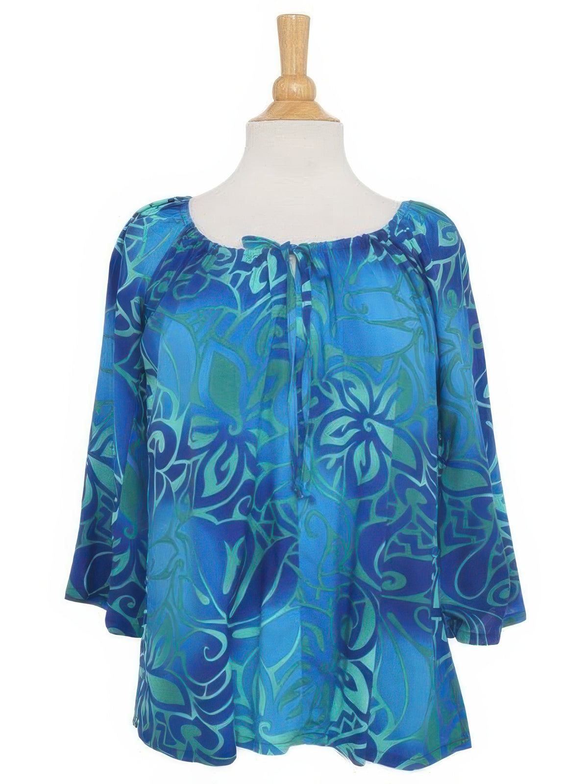 Hilo Hattie - Tribal Tiare Navy Rayon Hawaiian Peasant Top 3/4 Sleeve