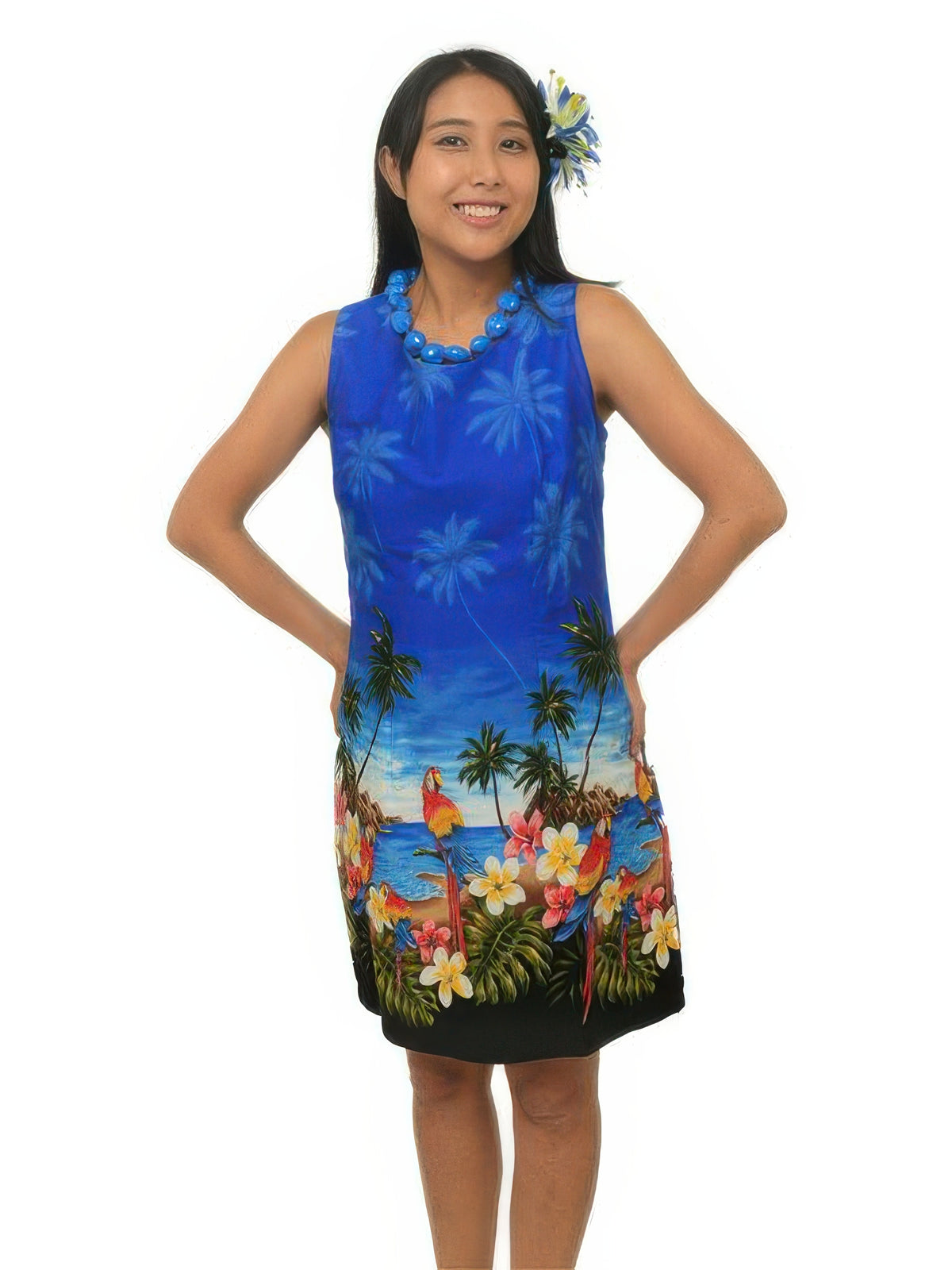 Pacific Legend - Parrot Blue Cotton Hawaiian Tank Short Dress