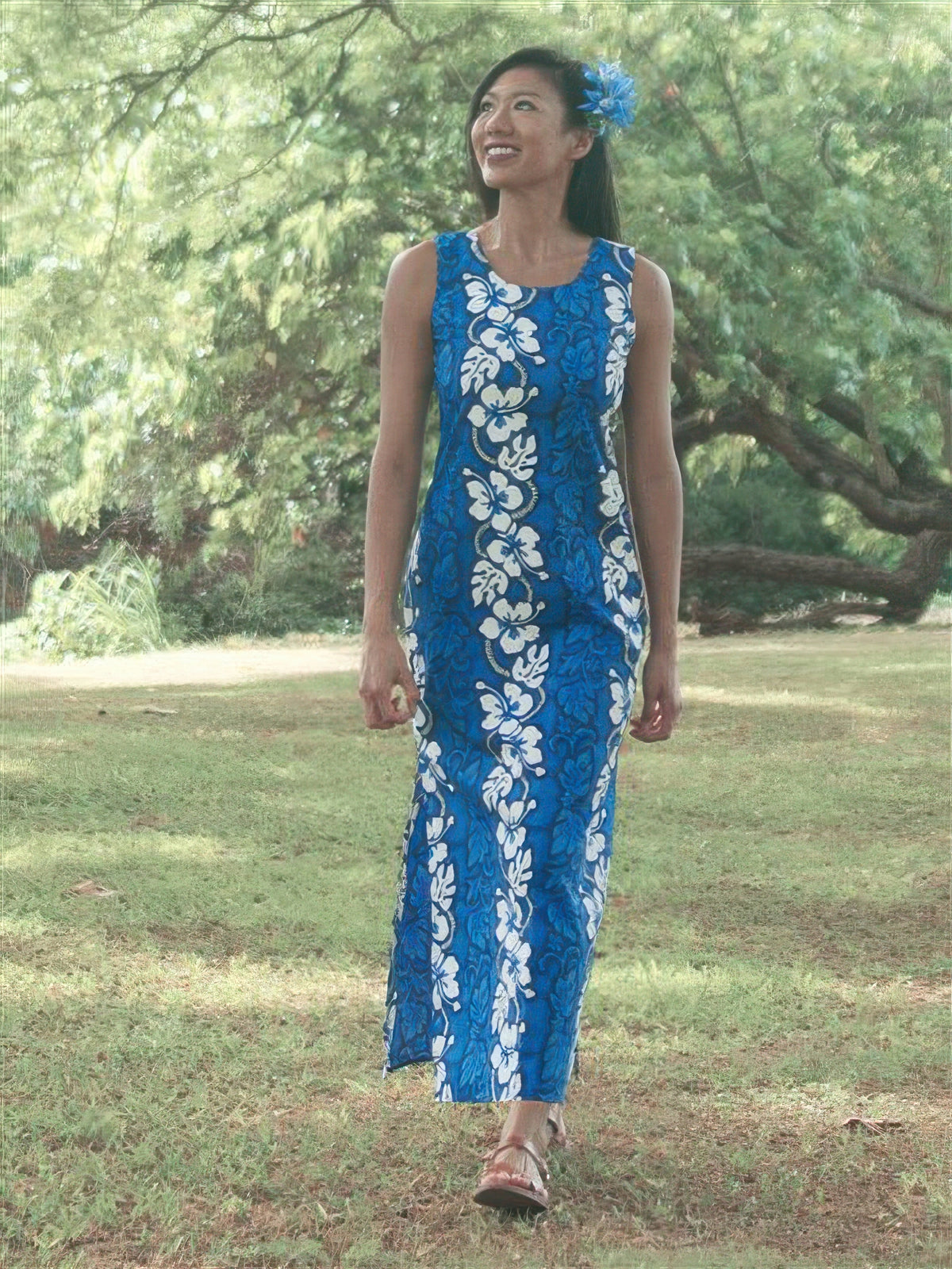 KY's - Hibiscus Lei Navy Blue Cotton Hawaiian Long Tank Dress