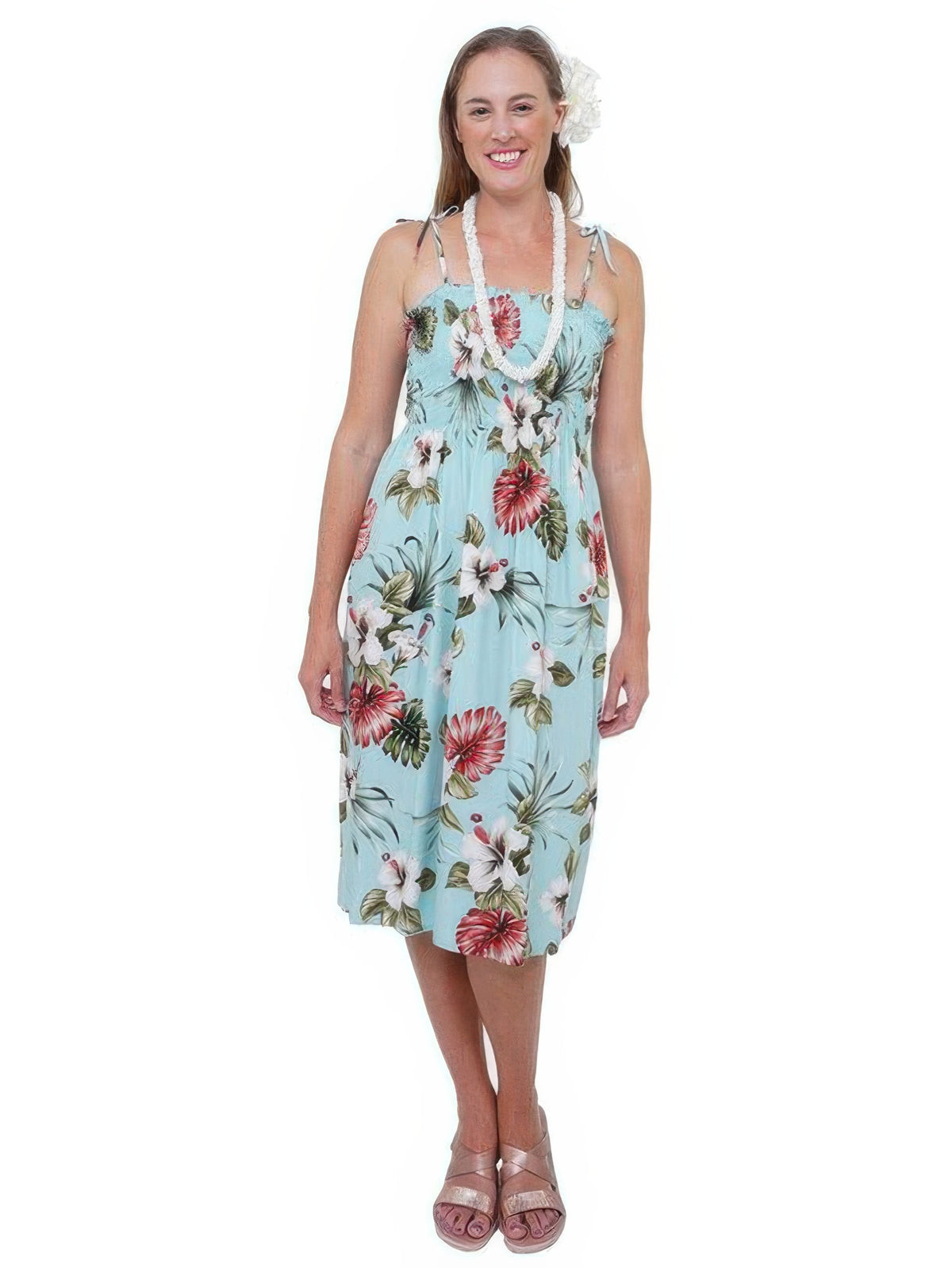Royal Hawaiian Creations - Hibiscus & Monstera Light Blue Rayon Hawaiian Elastic Strap Tube Midi Dress