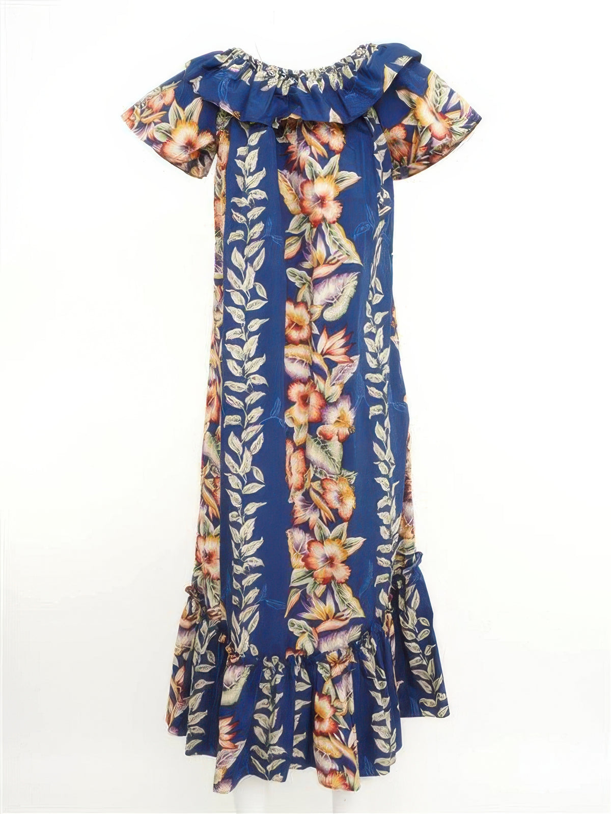 KY's - Vintage Anthurium Navy Cotton Hawaiian Long Muumuu Dress