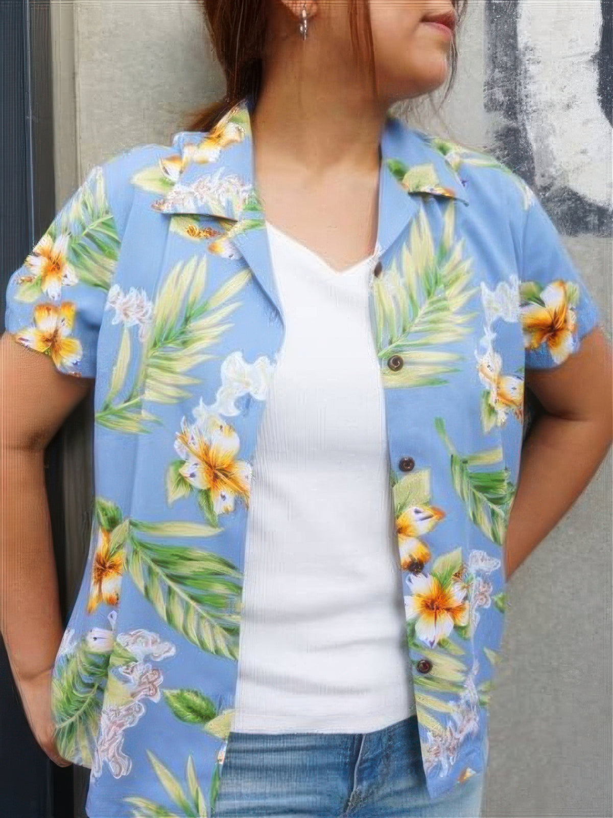 Two Palms - Tuberose Blue Rayon Women's Hawaiian Shirt