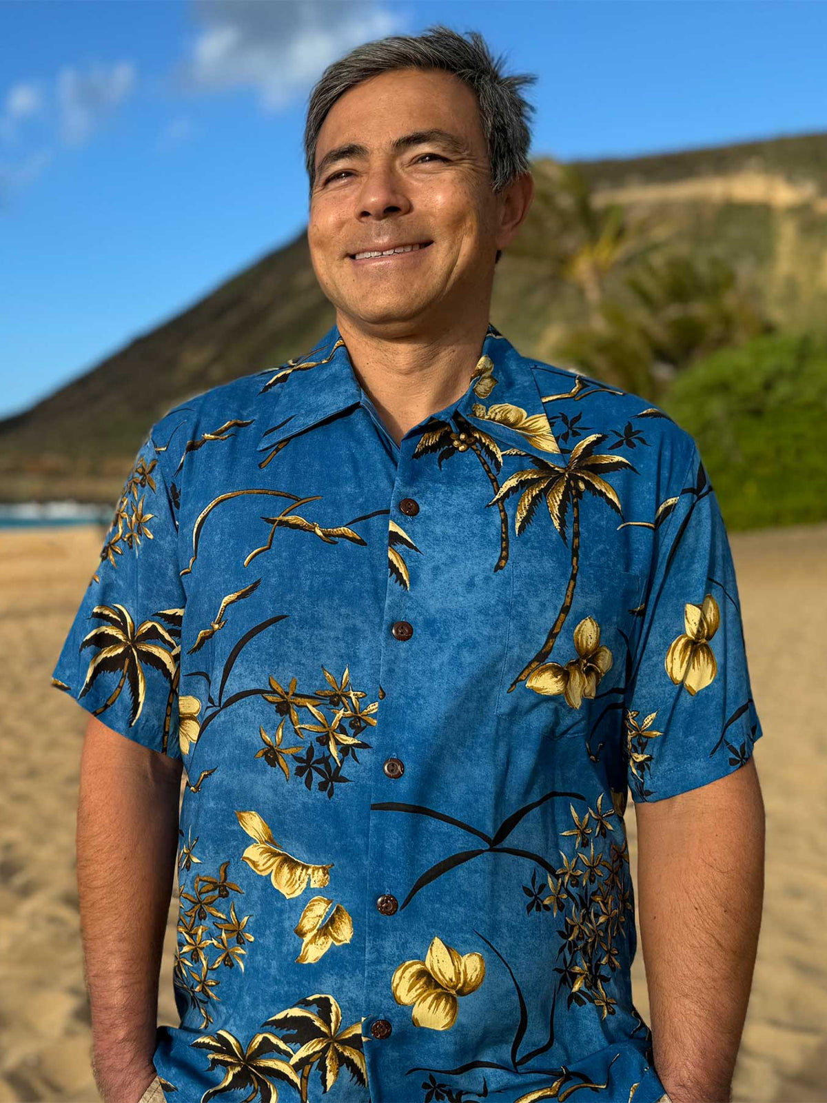 Paradise Found - Retro Oasis Palms Blue Rayon Men's Hawaiian Shirt