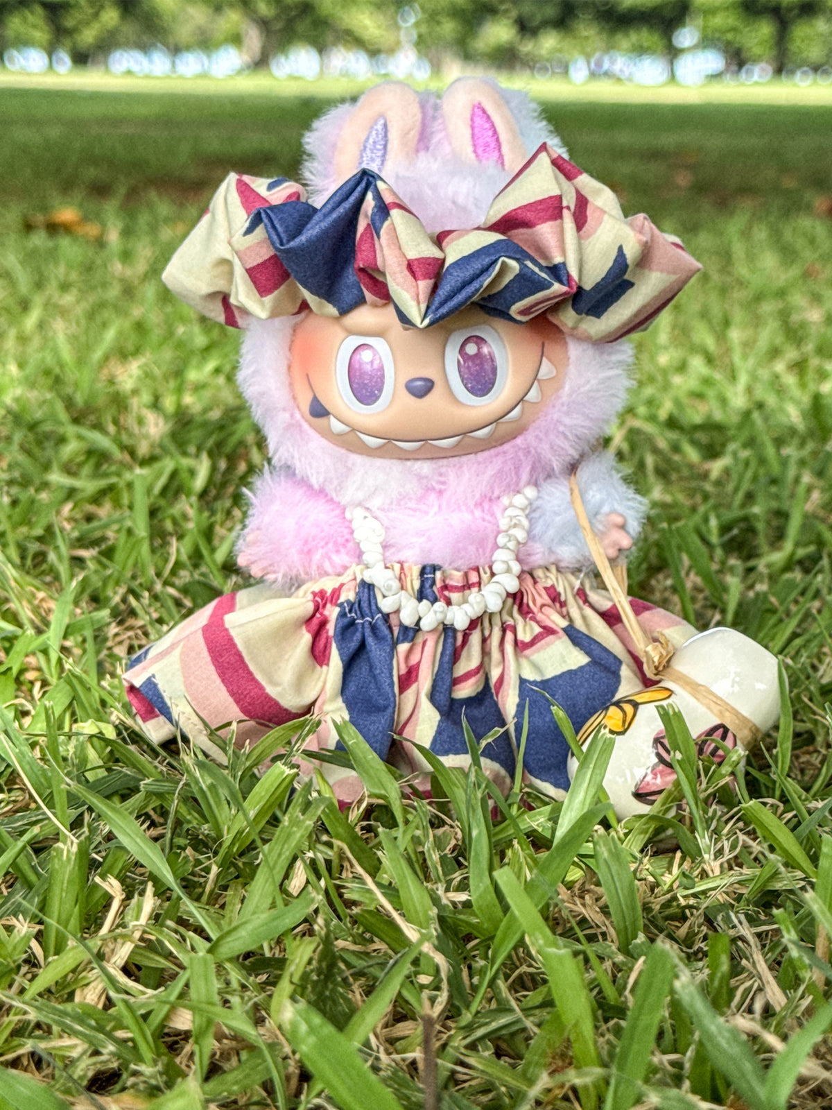Ka Makani - Labubu Mini Figure Pa'u Skirt Set (Pa'u, Lei, headband) - Lovely Tiare Blue & Pink