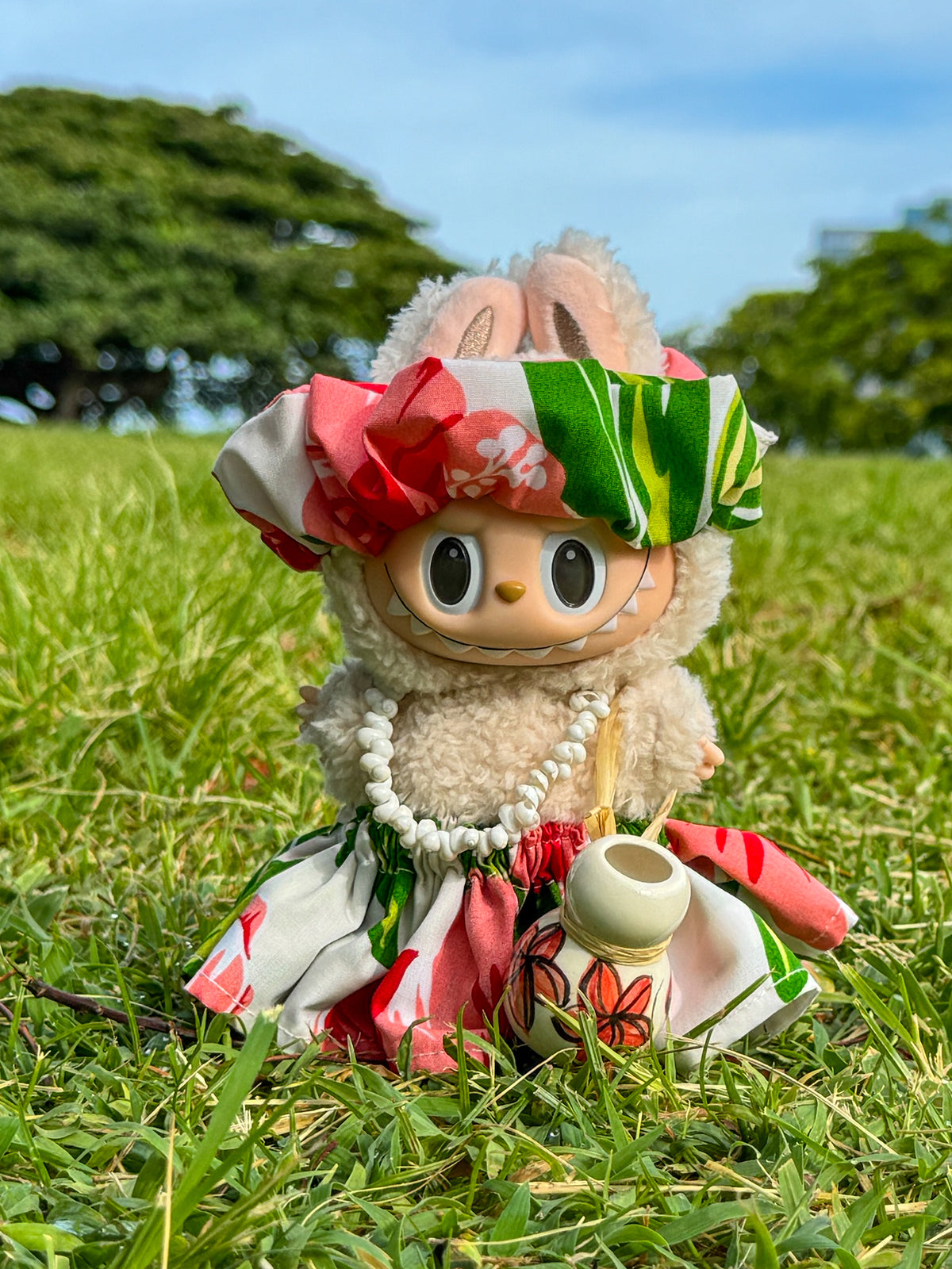 Ka Makani - Labubu Mini Figure Pa'u Skirt Set (Pa'u, Lei, headband) - Sweet Hibiscus Palm Natural