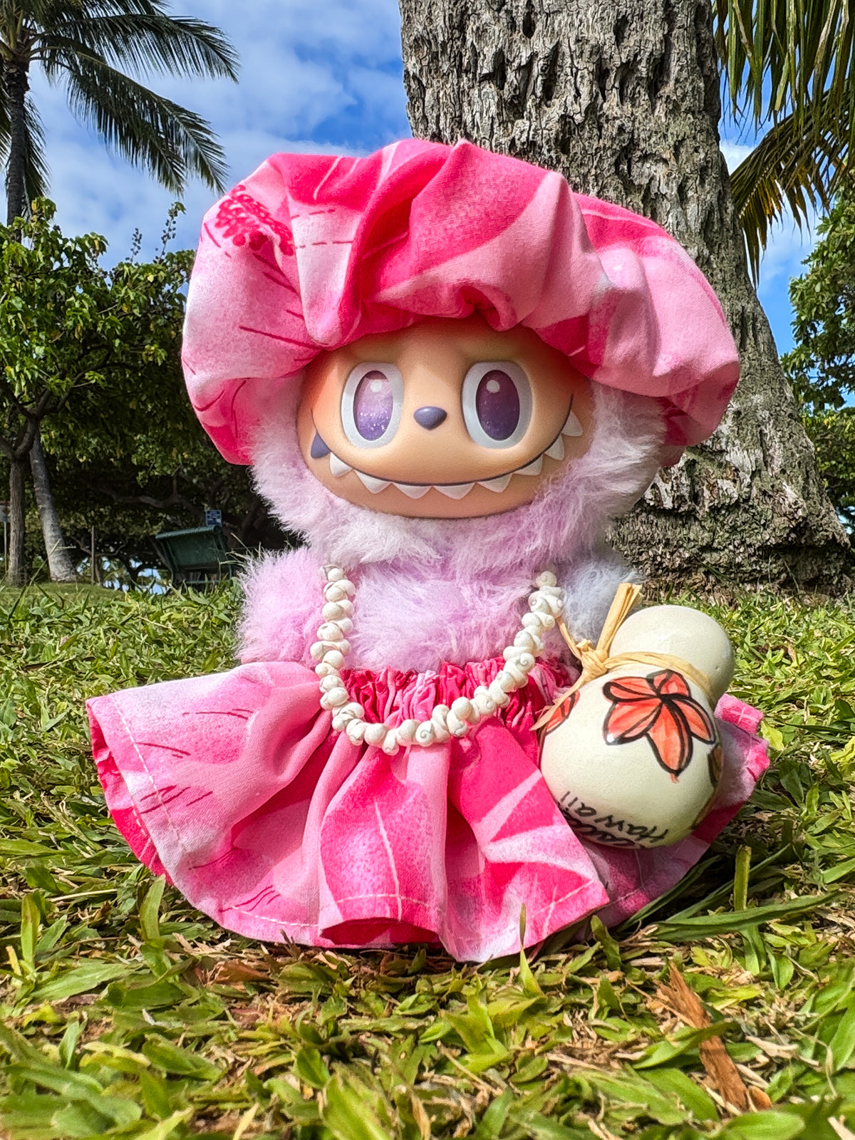 Ka Makani - Labubu Mini Figure Pa'u Skirt Set (Pa'u, Lei, headband) - Hibiscus Pink
