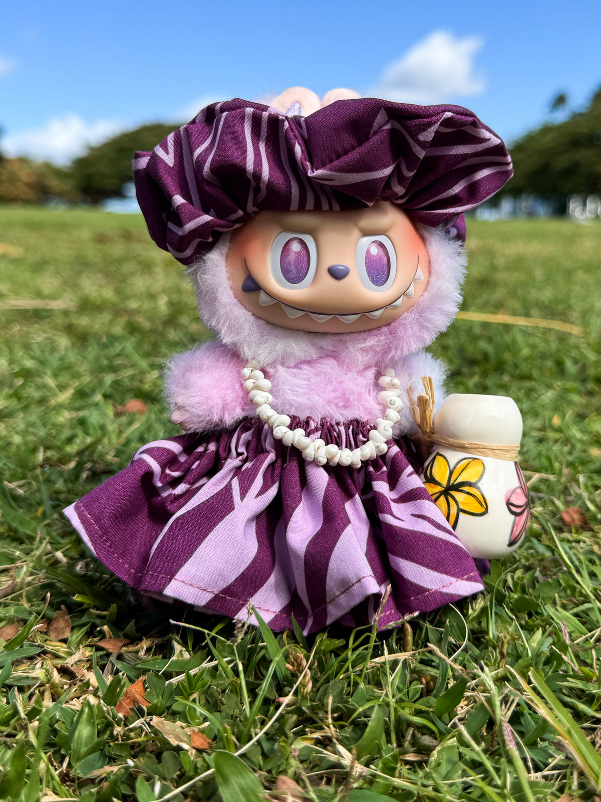 Ka Makani - Labubu Mini Figure Pa'u Skirt Set (Pa'u, Lei, headband) - Tropical Leaf Plum
