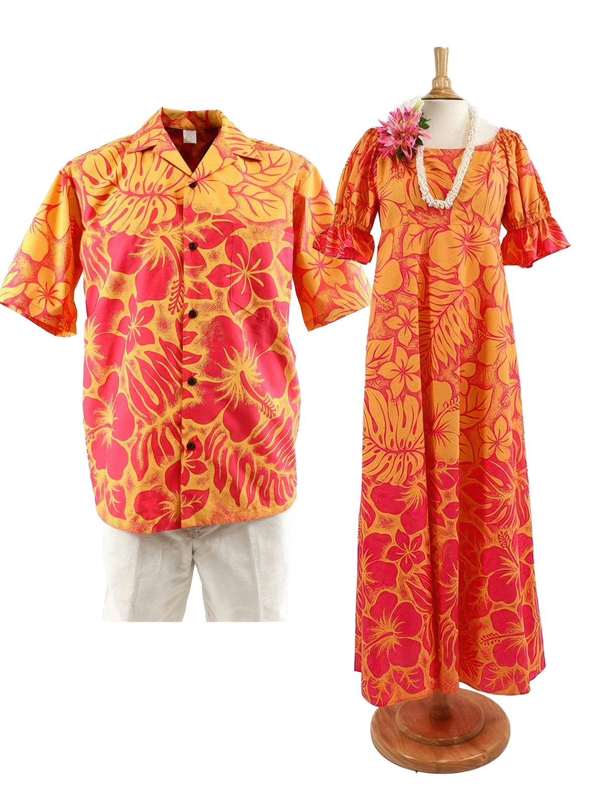 Hawaiian Dress and Shirt Couple Matching Bundle - Gradation Medley Orange