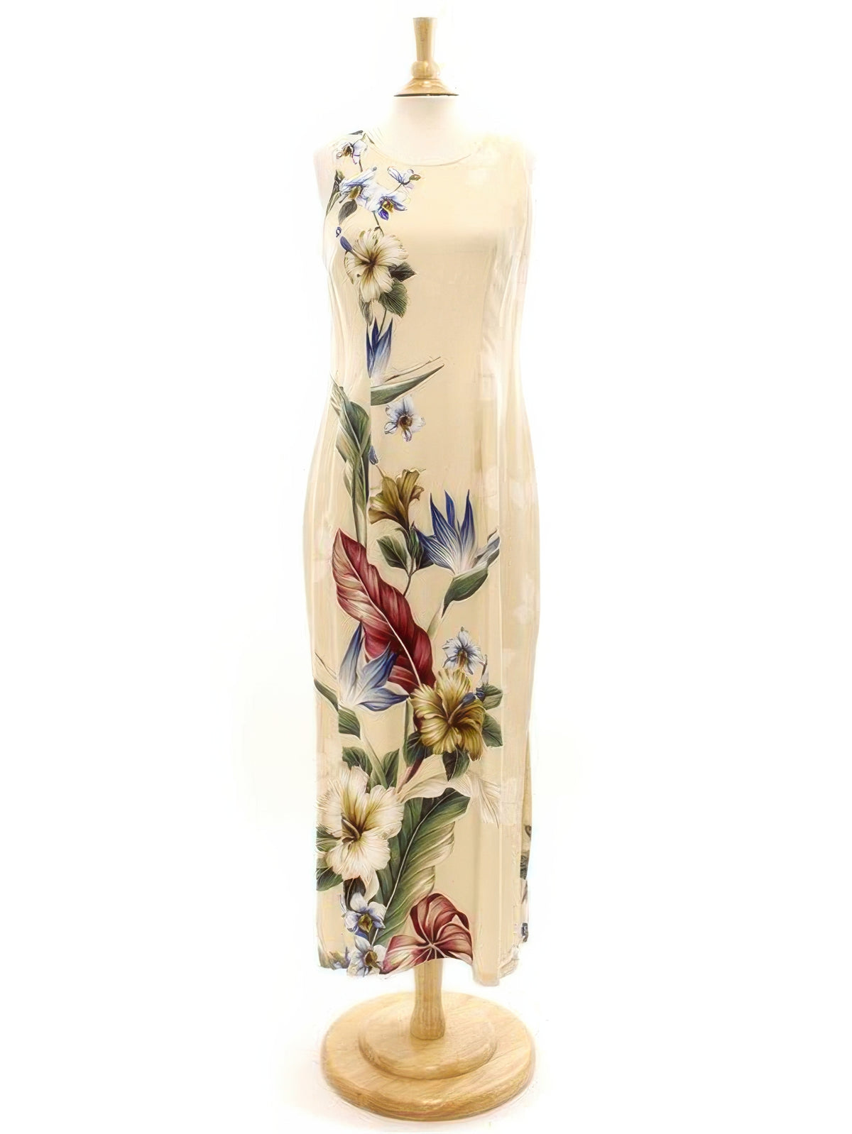 Royal Hawaiian Creations - Tropical Flowers Cream Rayon Hawaiian Piping Neck Slit Long Dress