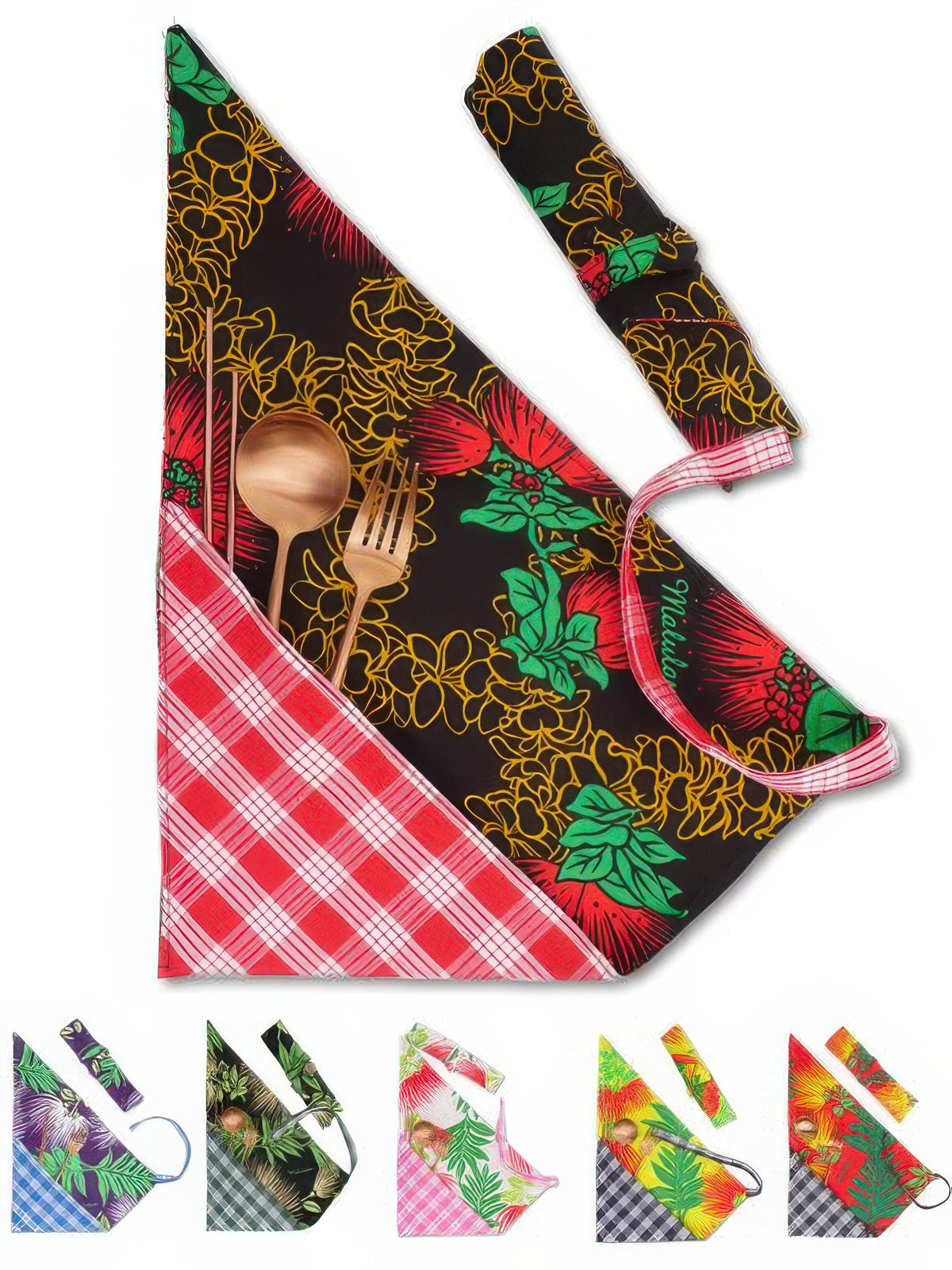 Malulani - Palaka & Lehua Reversible Cotton/Poly-Cotton Hawaiian Fabric Cutlery Wrap Set of 2 (Multiple Colors)