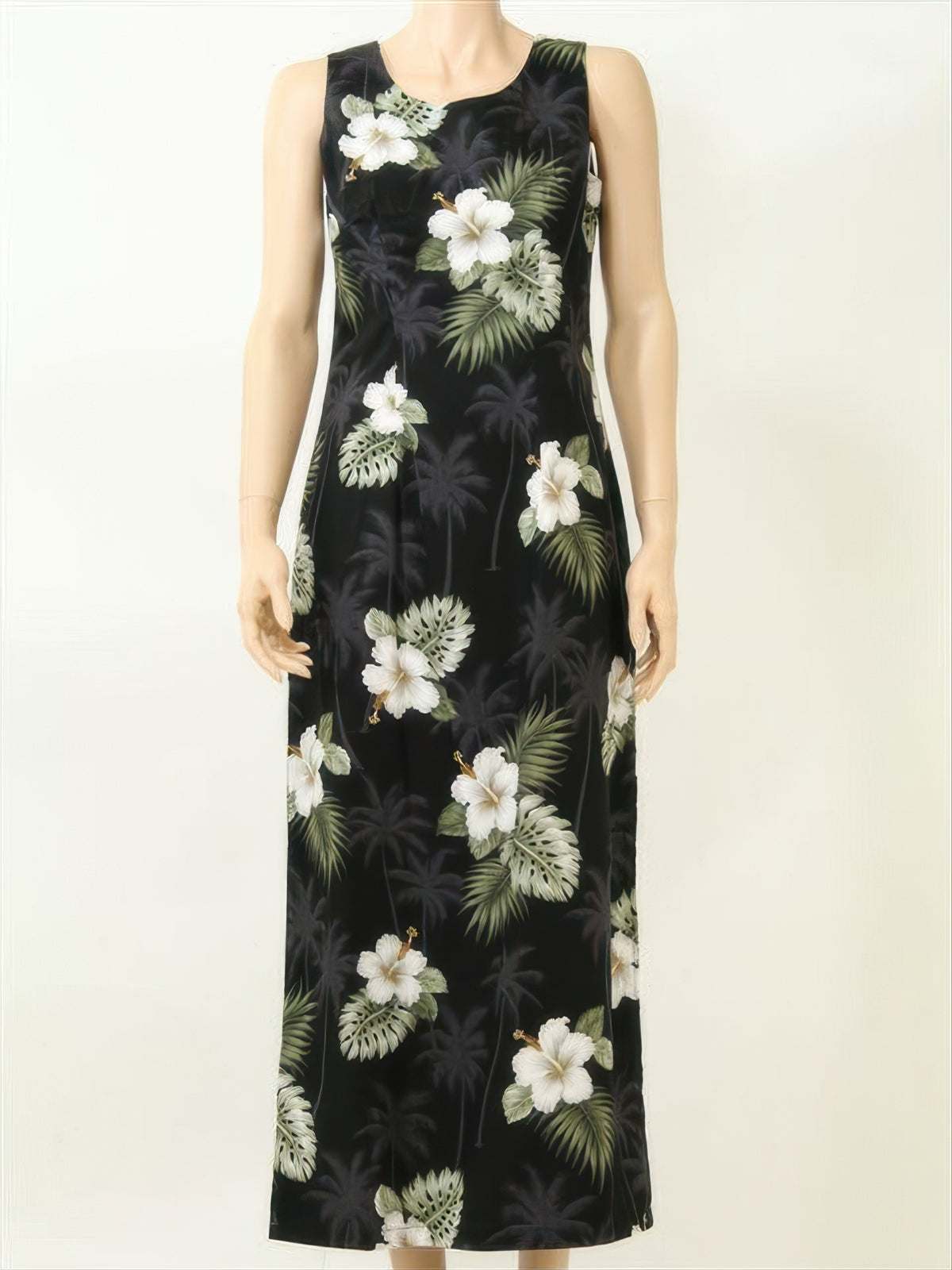 Pacific Legend - Hibiscus Monstera Black Cotton Hawaiian Tank Long Dress
