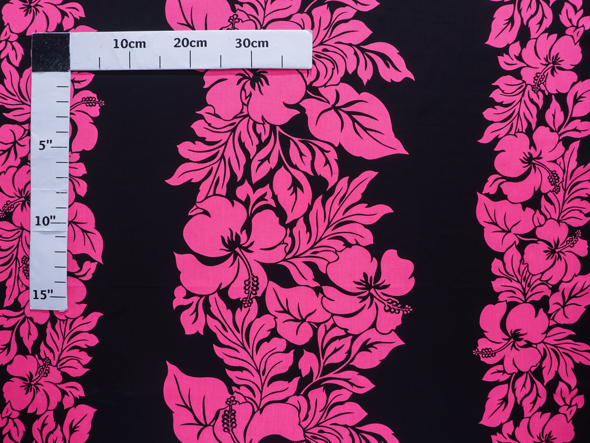 Ka Makani - Hibiscus Pink & Black Poly Cotton Hawaiian Fabric ETU-436