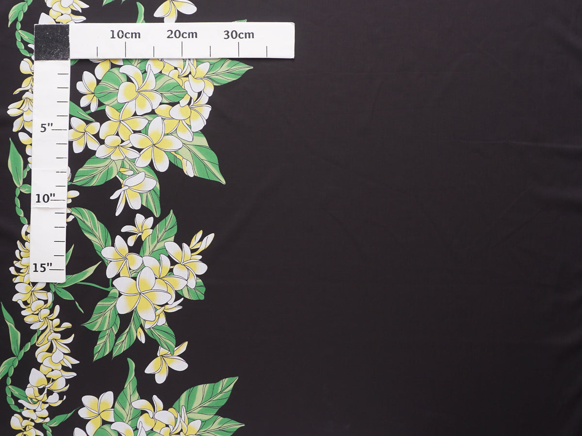 Ka Makani - Plumeria & Ti Leaves Lei Black Poly Cotton Hawaiian Fabric LW-25-980