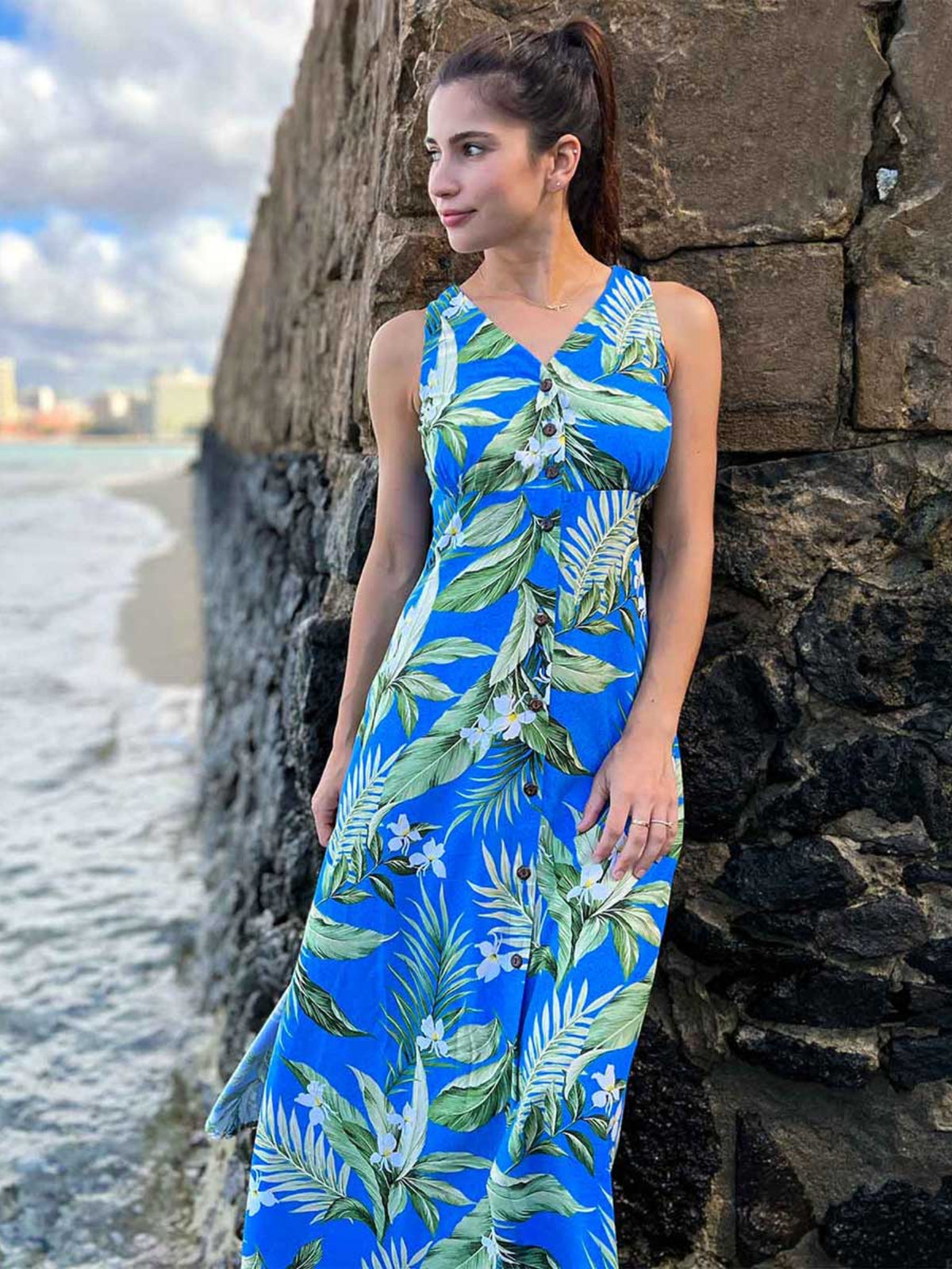 Paradise Found - White Ginger Blue Rayon Hawaiian Long Dress