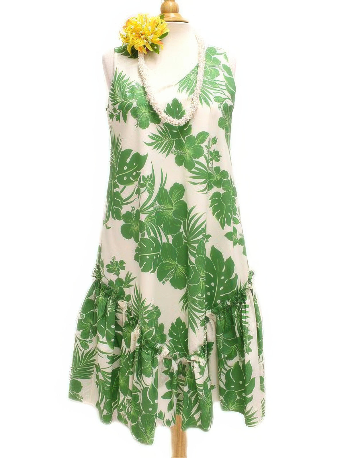 Royal Hawaiian Creations - Hibiscus Panel Green PolyCotton Hawaiian Sleeveless Flare Midi Dress
