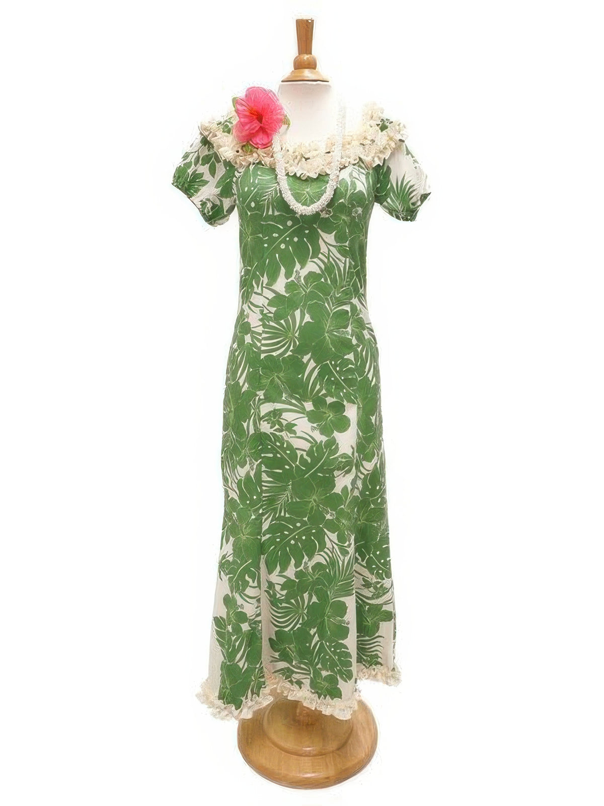 Royal Hawaiian Creations - Hibiscus Panel Green Poly Cotton Hawaiian Jenny Ruffle Long Muumuu Dress