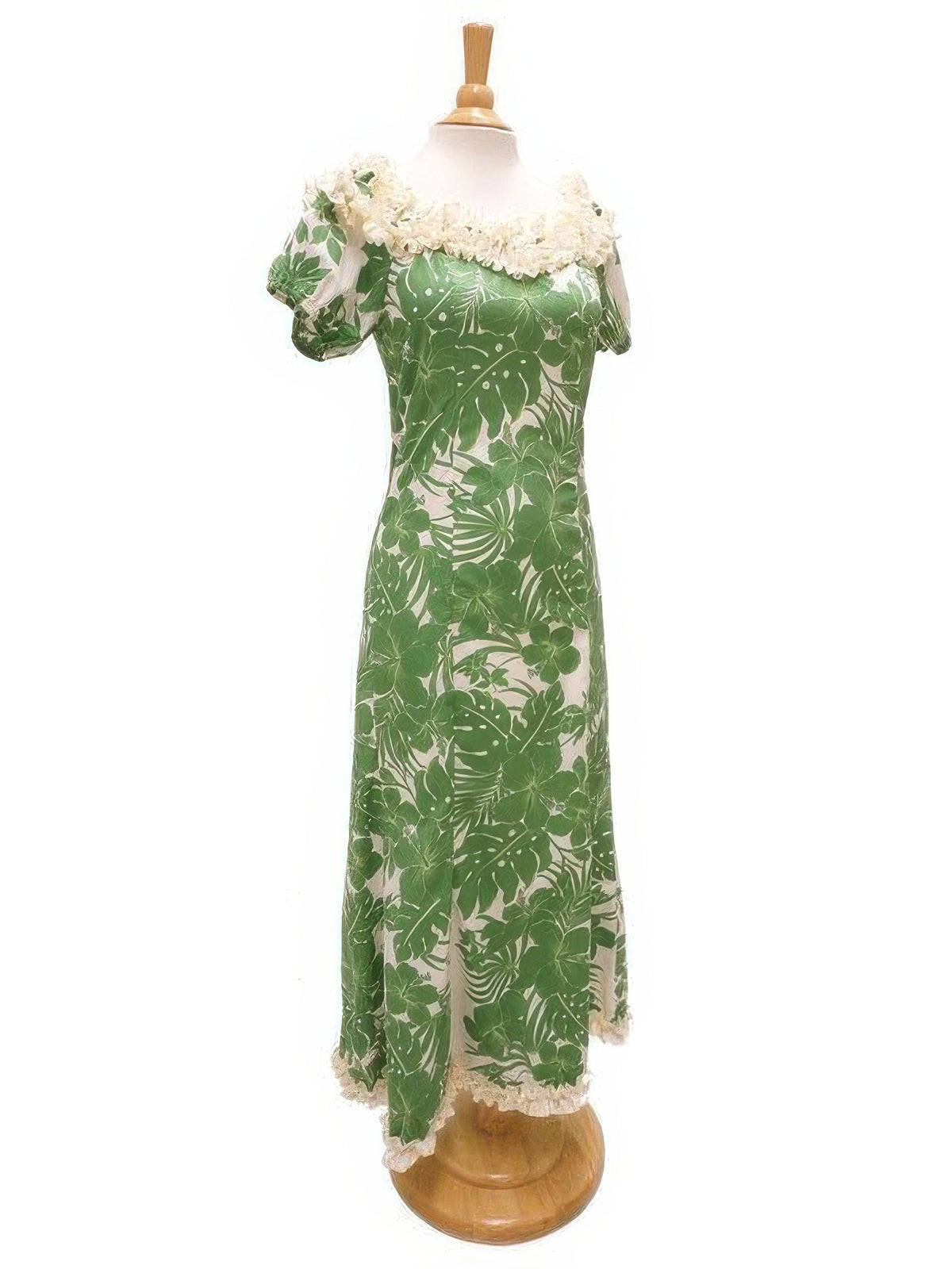 Long Muumuu Ruffle Dress Flower Lei Hibiscus Panel Green / 2XL Long Muumuu Ruffle Dress Flower Lei Hibiscus Panel Green / 2XL