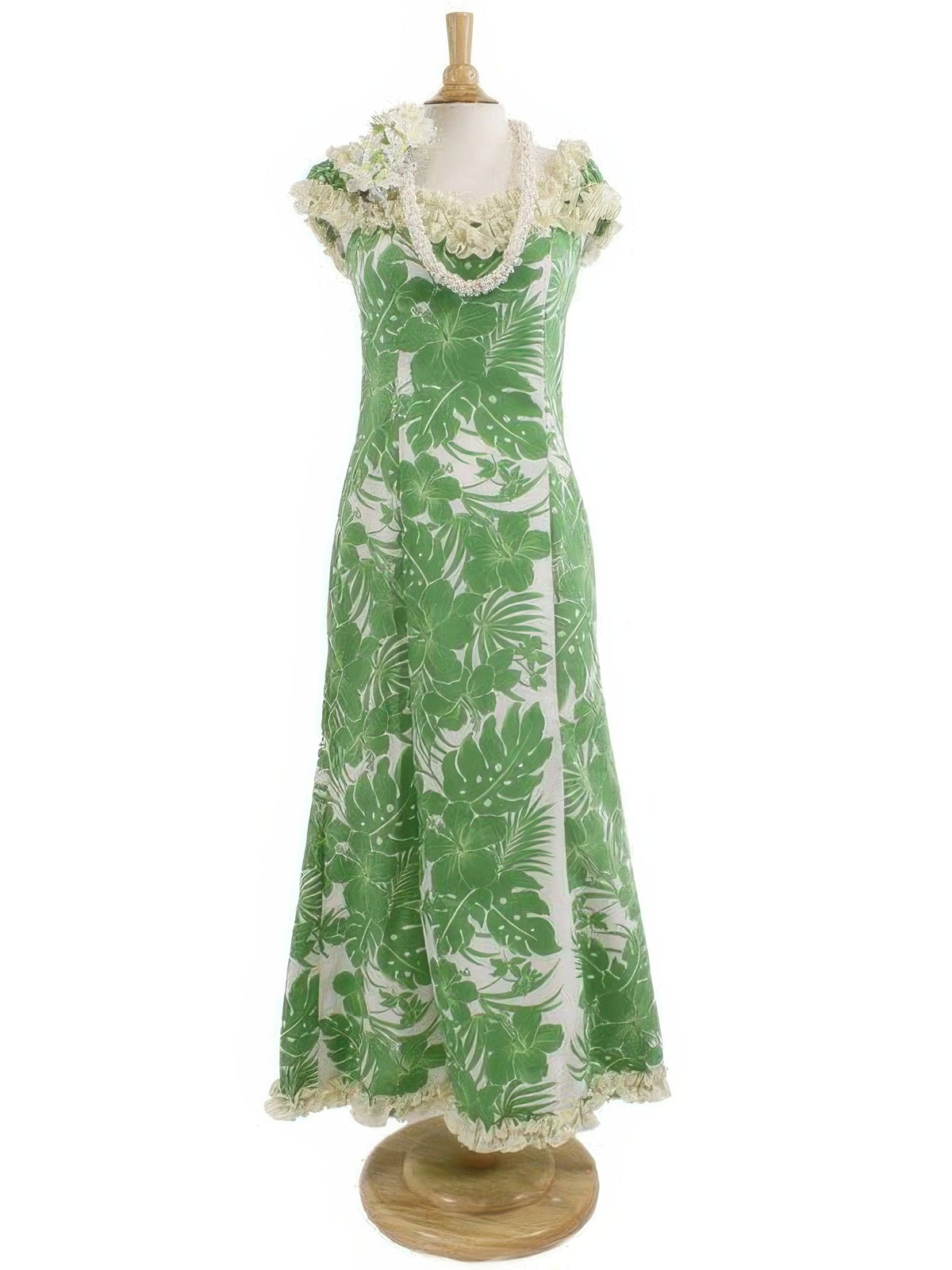 Royal Hawaiian Creations - Hibiscus Panel Green Hawaiian Nahenahe Ruffle Long Muumuu Dress