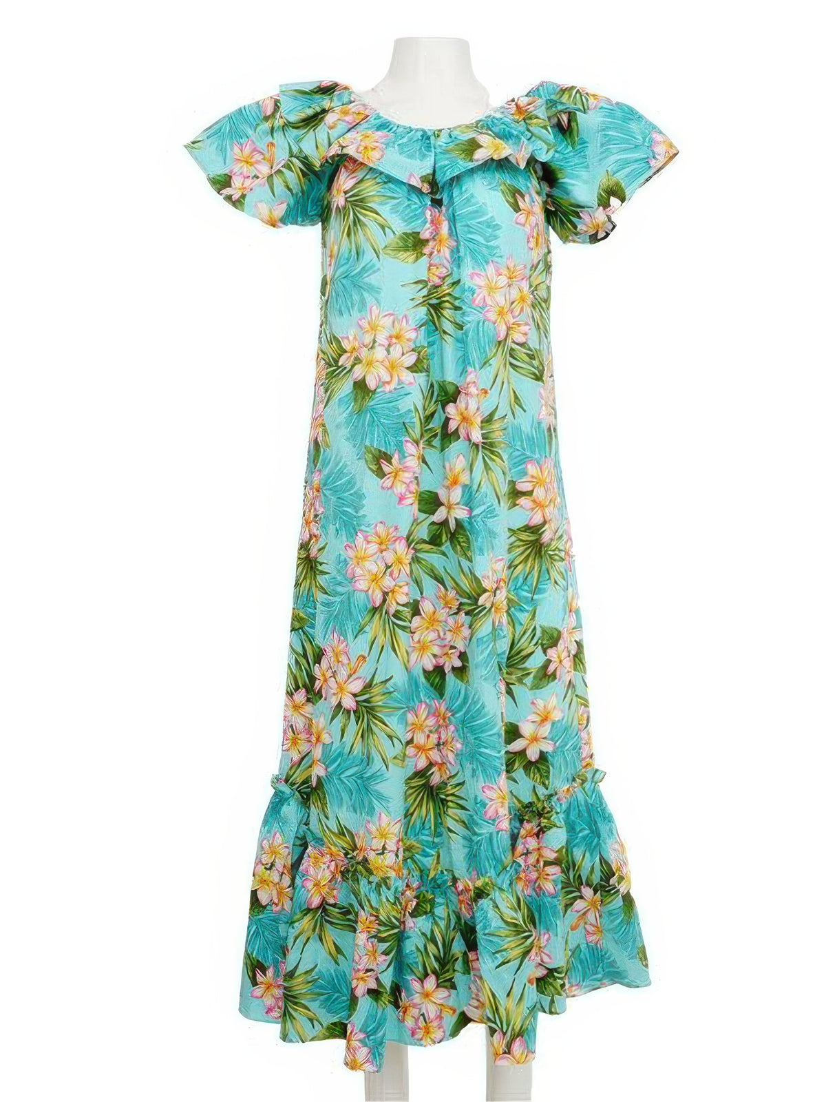 KY's - Plumeria Dream Green Cotton Hawaiian Long Muumuu Dress