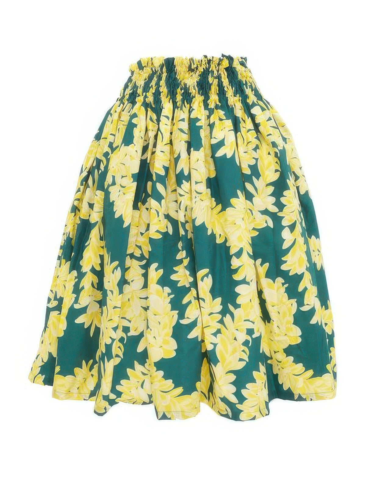 Ka Makani - Plumeria Lei Green & Yellow Poly Cotton Hula Pau Skirt / 3 Bands