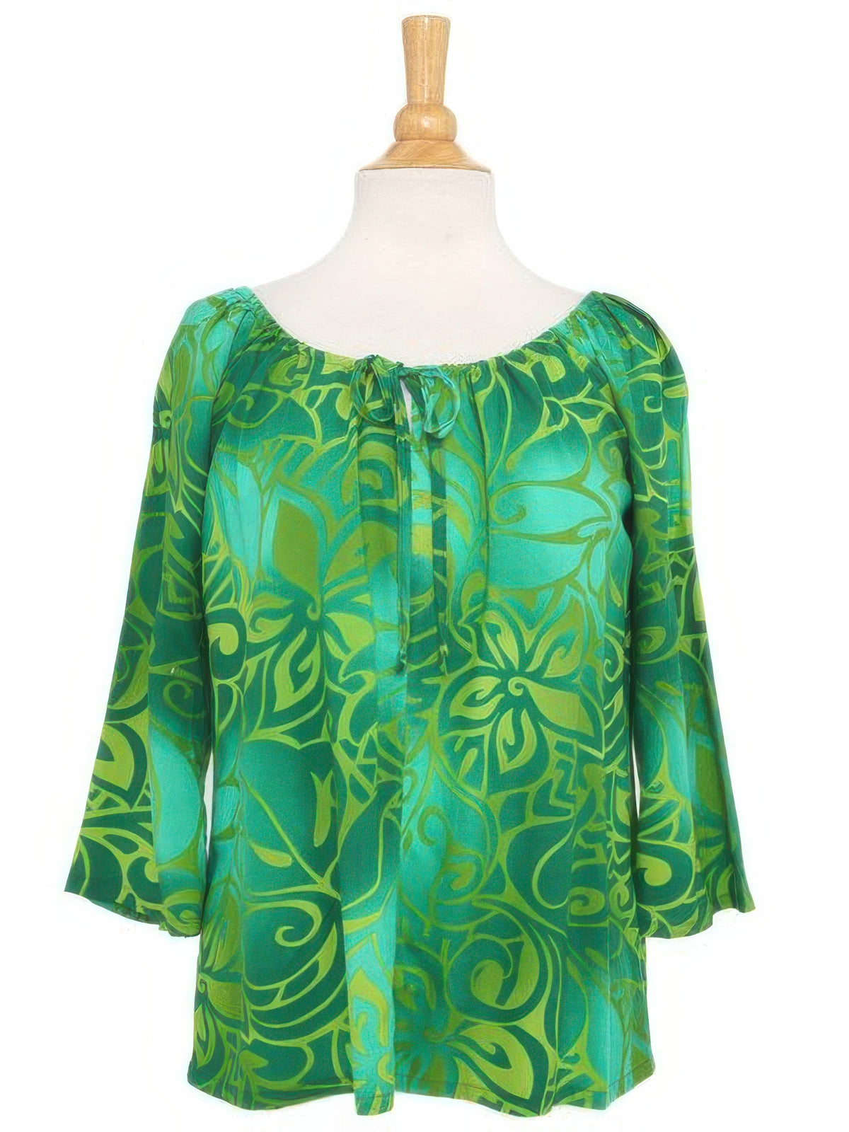 Hilo Hattie - Tribal Tiare Green Rayon Hawaiian Peasant Top 3/4 Sleeve