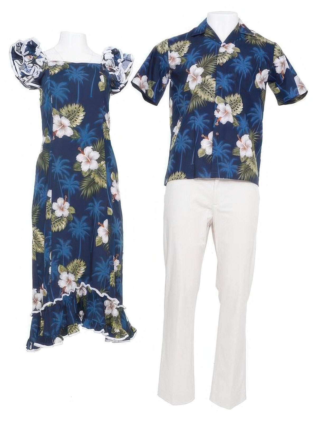 Hawaiian Muumuu Dress and Aloha Shirt Couple Matching Bundle - Hibiscus Monstera Navy