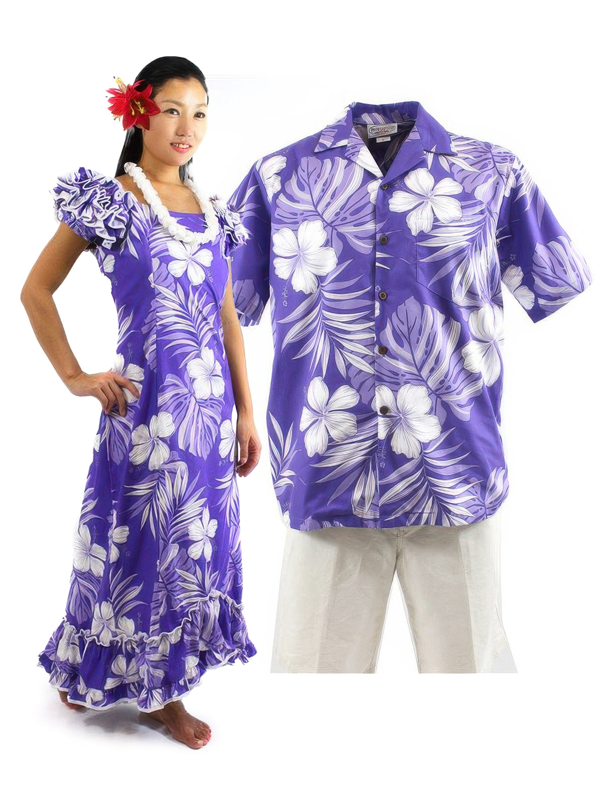 Hawaiian Muumuu Dress and Aloha Shirt Couple Matching Bundle - Hibiscus Purple