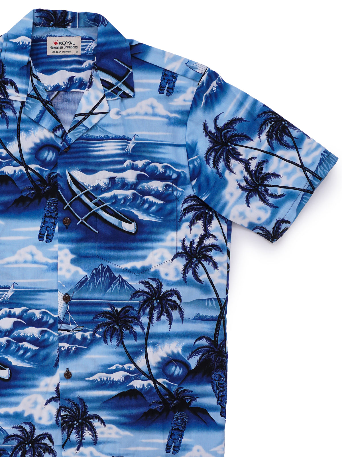 Royal Hawaiian Creations - Tiki Waikiki Blue Cotton Men's Hawaiian Shirt
