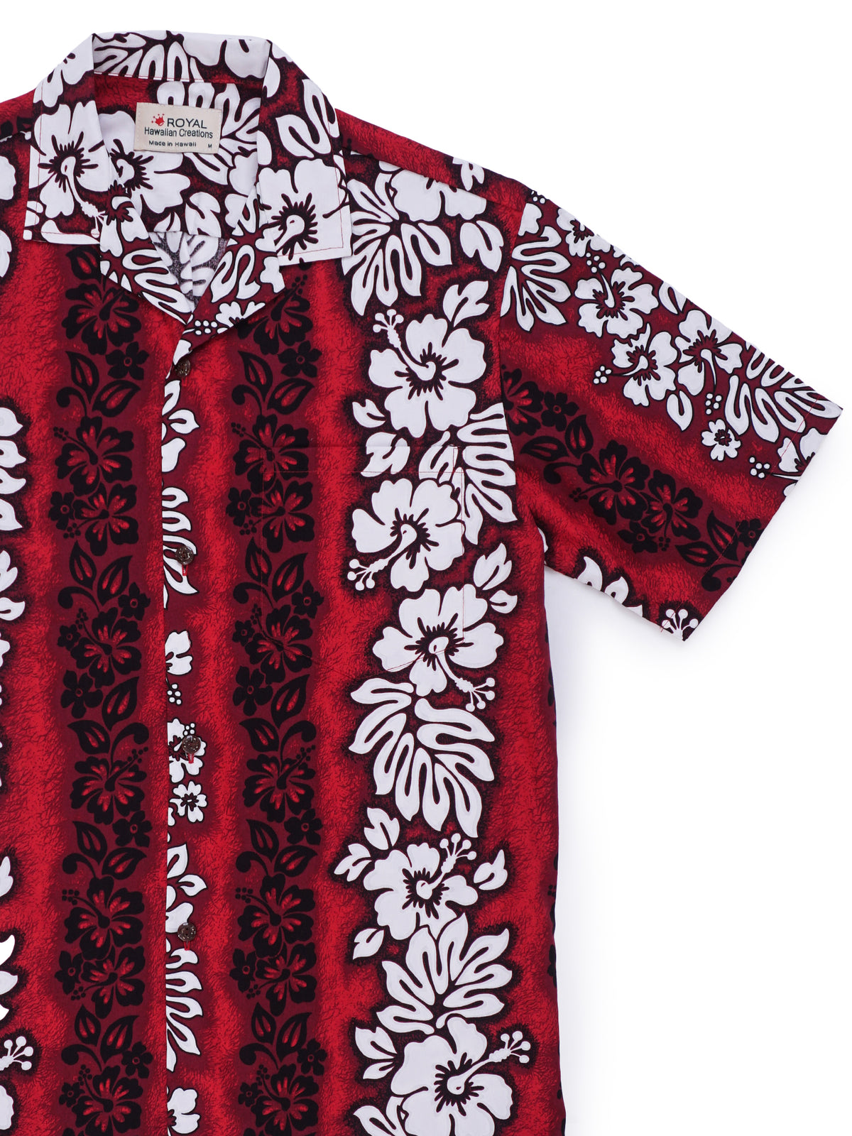 Royal Hawaiian Creations - Hibiscus Panel Red Cotton Men's Hawaiian Shirt